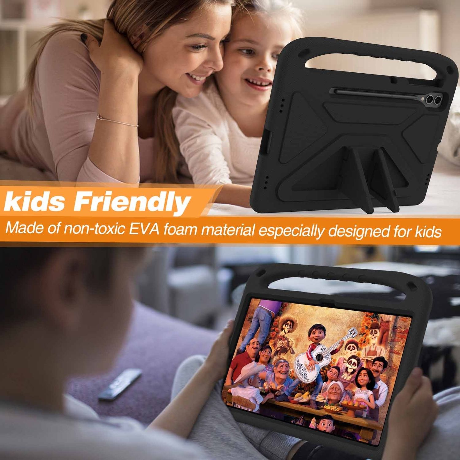 Mutter und Kind benutzen ein Tablet in einer schwarzen, kinderfreundlichen Hülle. Coco-Film auf dem Bildschirm.