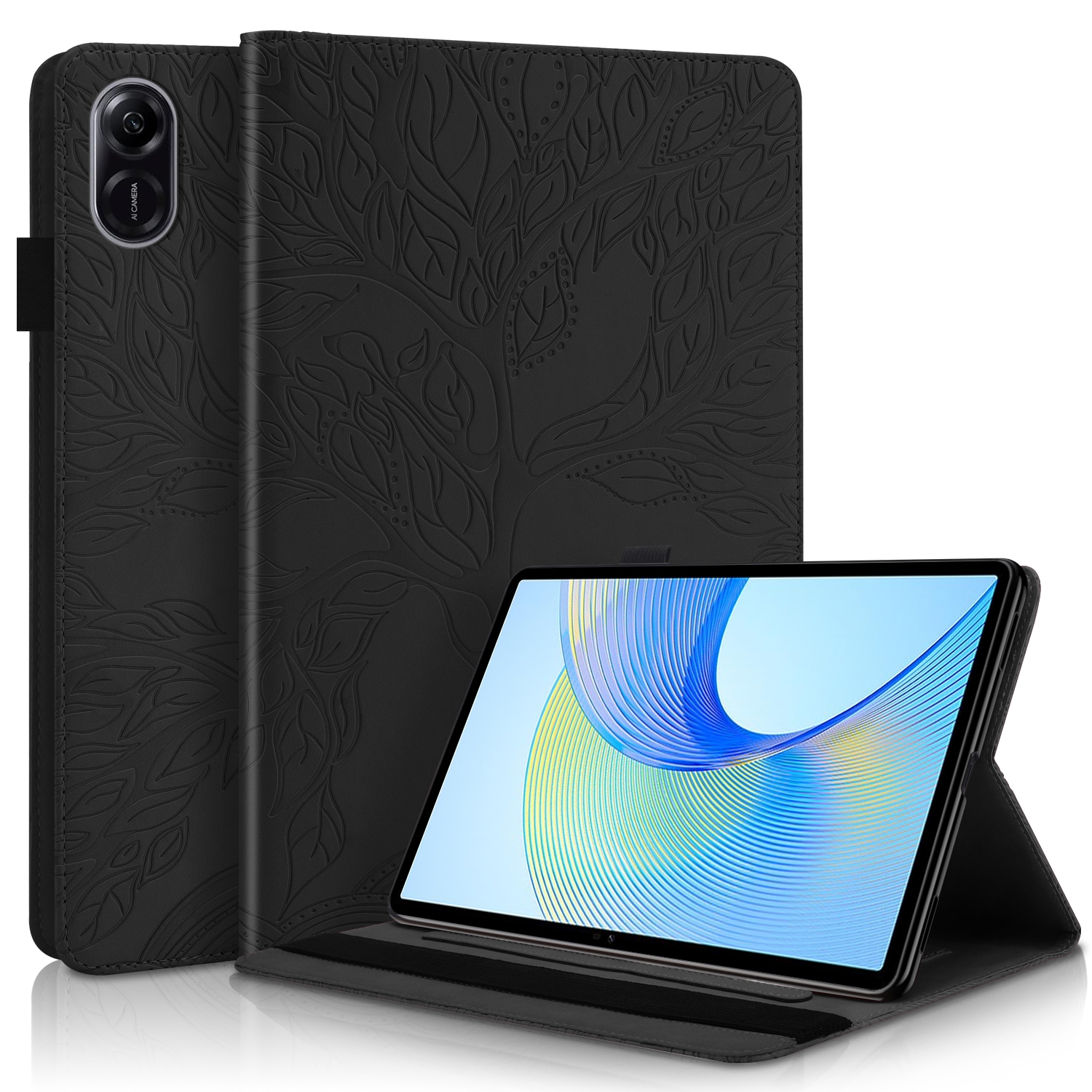 Schwarze Tablethülle mit Baumdesign. Tablet im geöffneten Zustand mit blauen und grünen Linien.