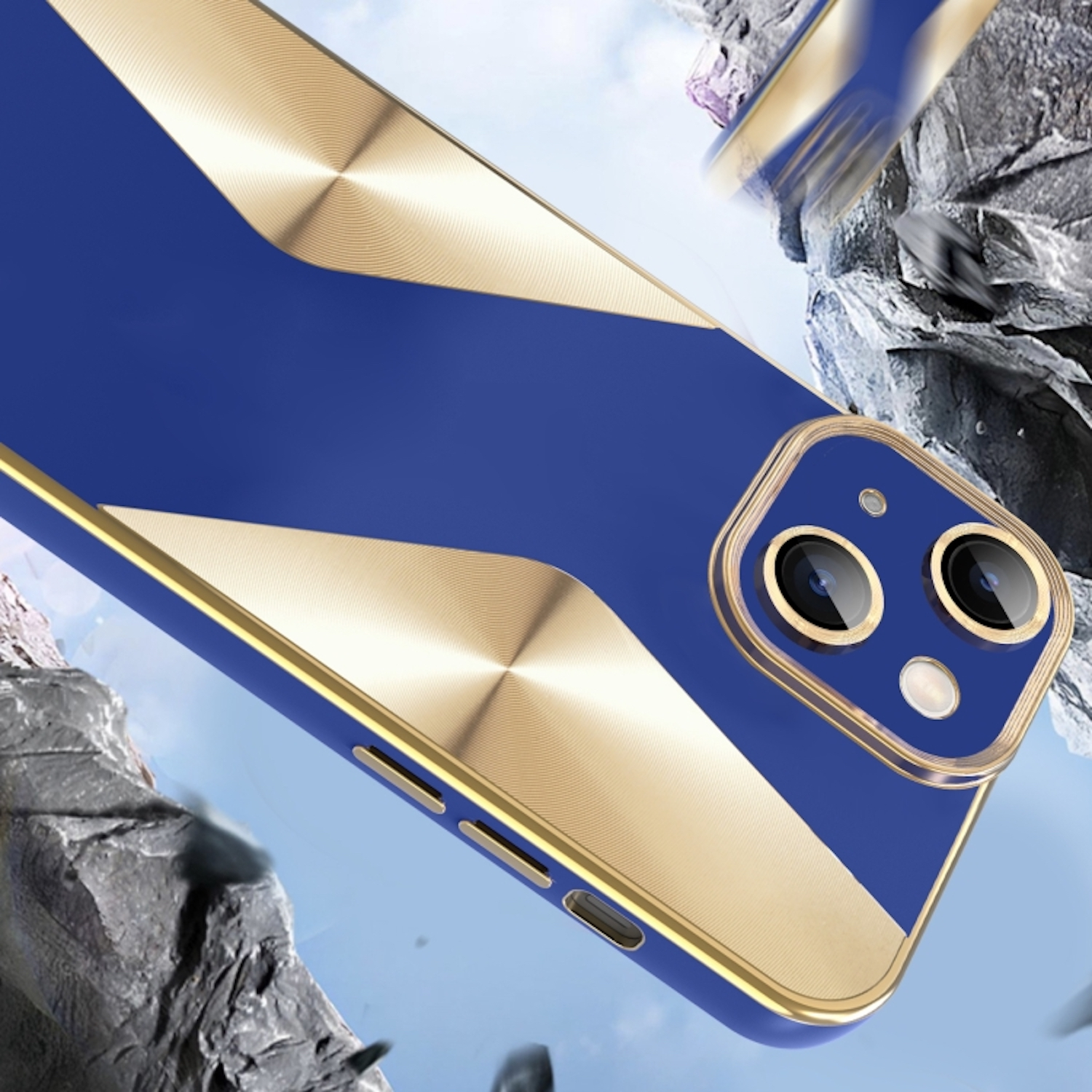 Blaue Handyhülle mit goldenen Akzenten, glänzende Oberfläche.
