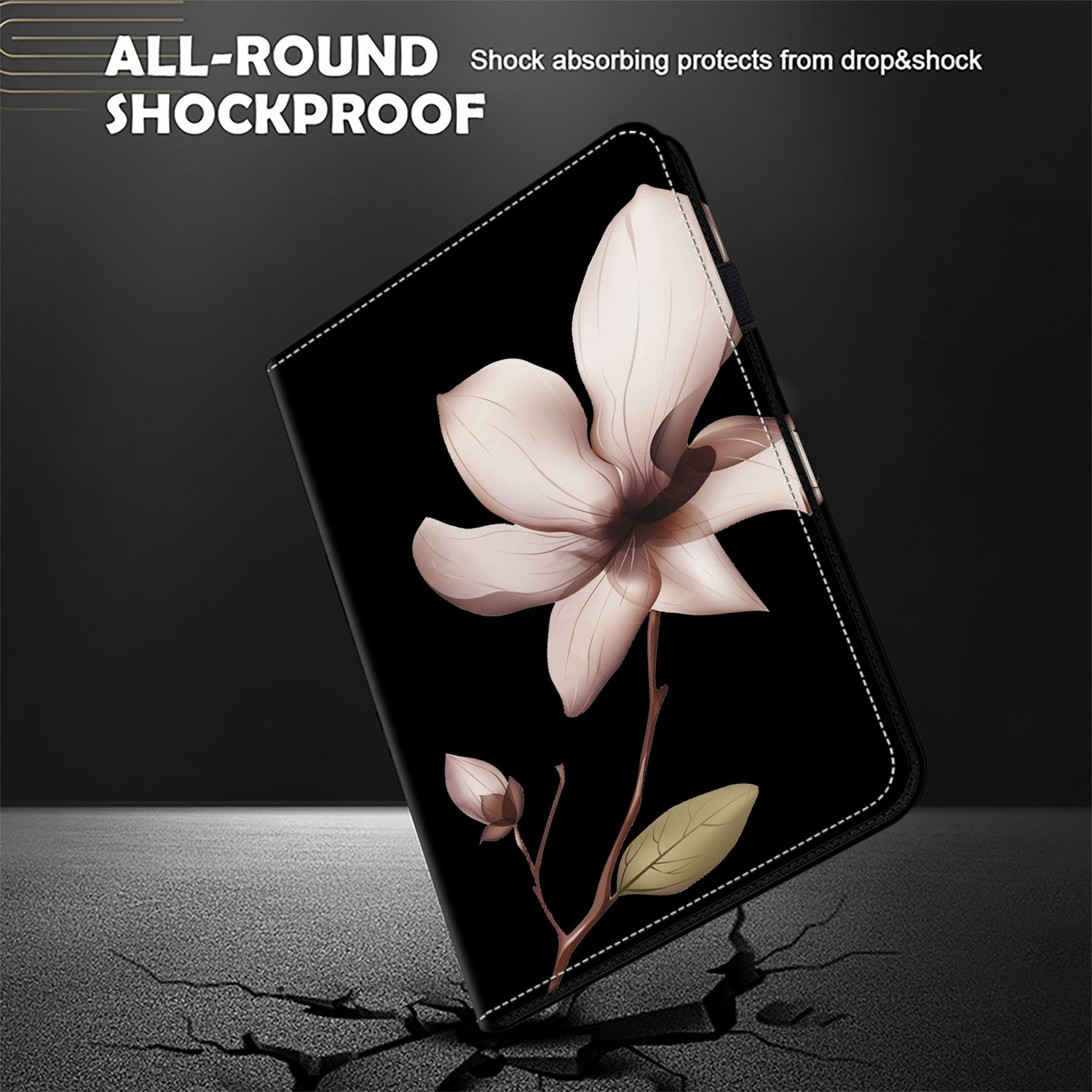 Schwarze Tablet-Hülle mit Blumendesign. Die Hülle liegt auf schwarzem Untergrund.