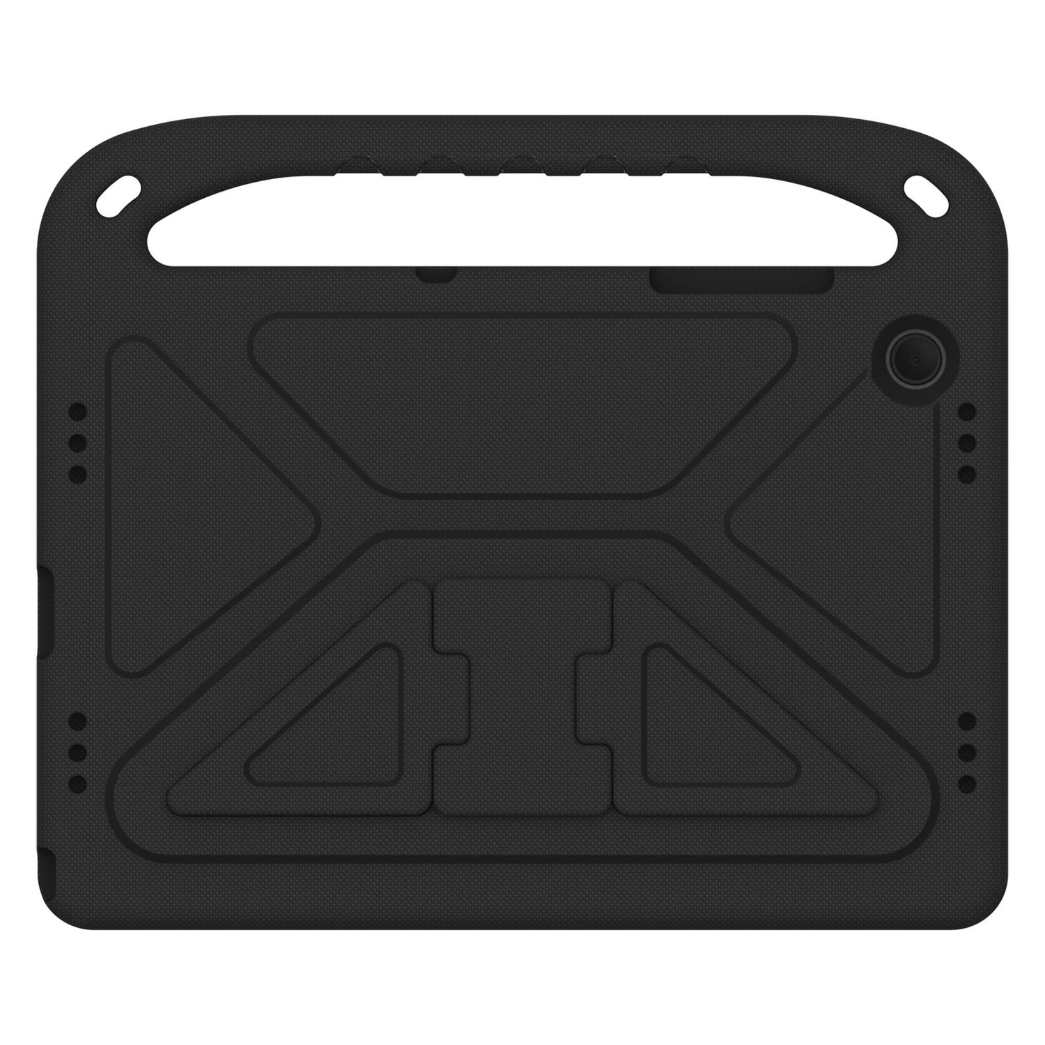 Schwarze Tablethülle mit Griff. Es hat eine strukturierte Oberfläche und ein geometrisches Design.