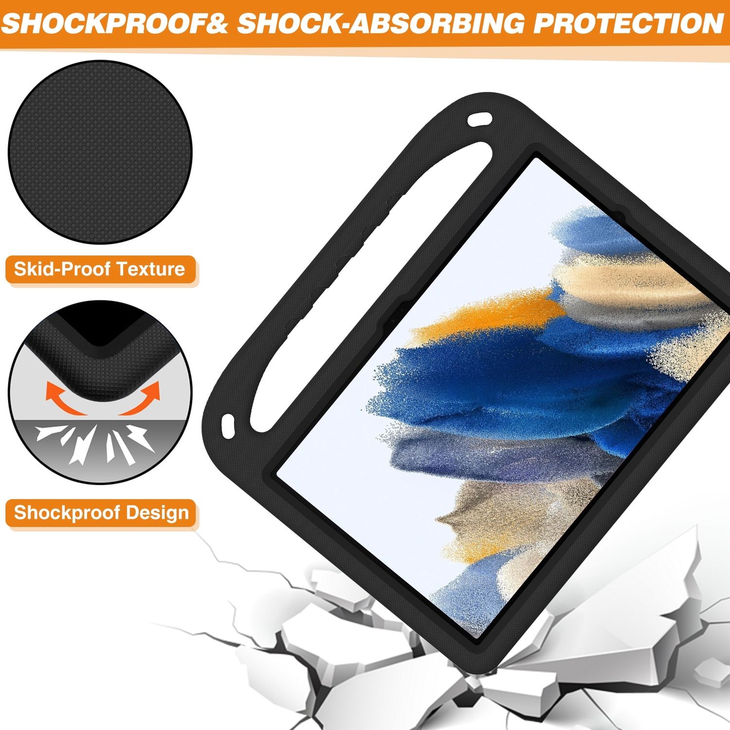 Ein Tablet mit schwarzem Gehäuse. Grafiken zeigen Skid-Proof Texture und Shockproof Design.