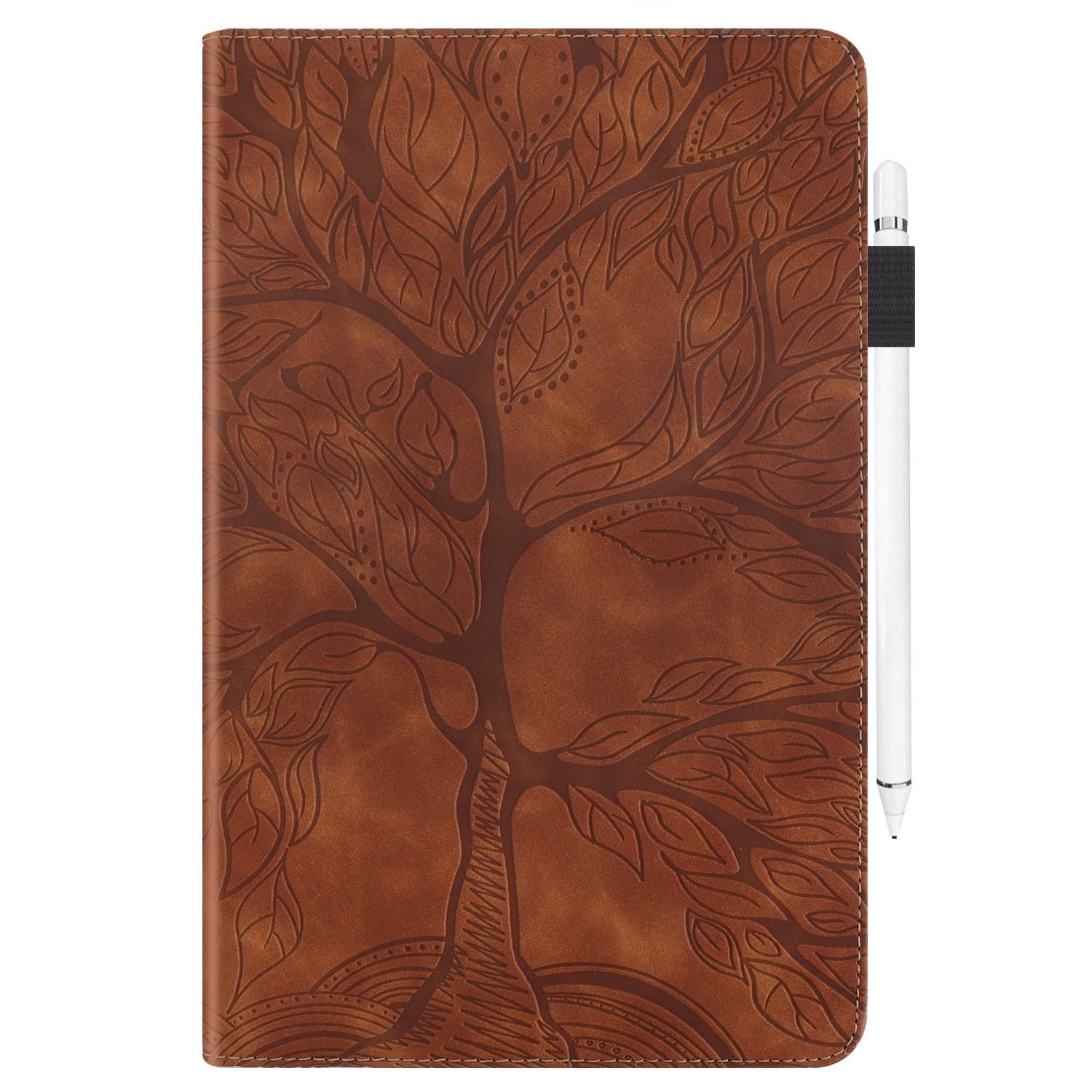 Braune Tablet-Hülle mit Baumdesign und einem weißen Stift. Sie ist geschlossen und auf weißem Hintergrund.