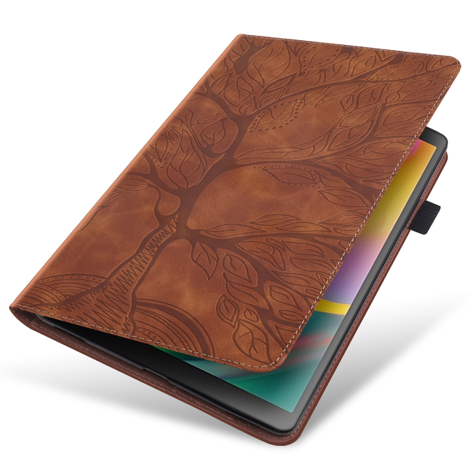 Eine braune Tablethülle aus Leder mit Baumdesign, geöffnet, um das Tablet zu zeigen.
