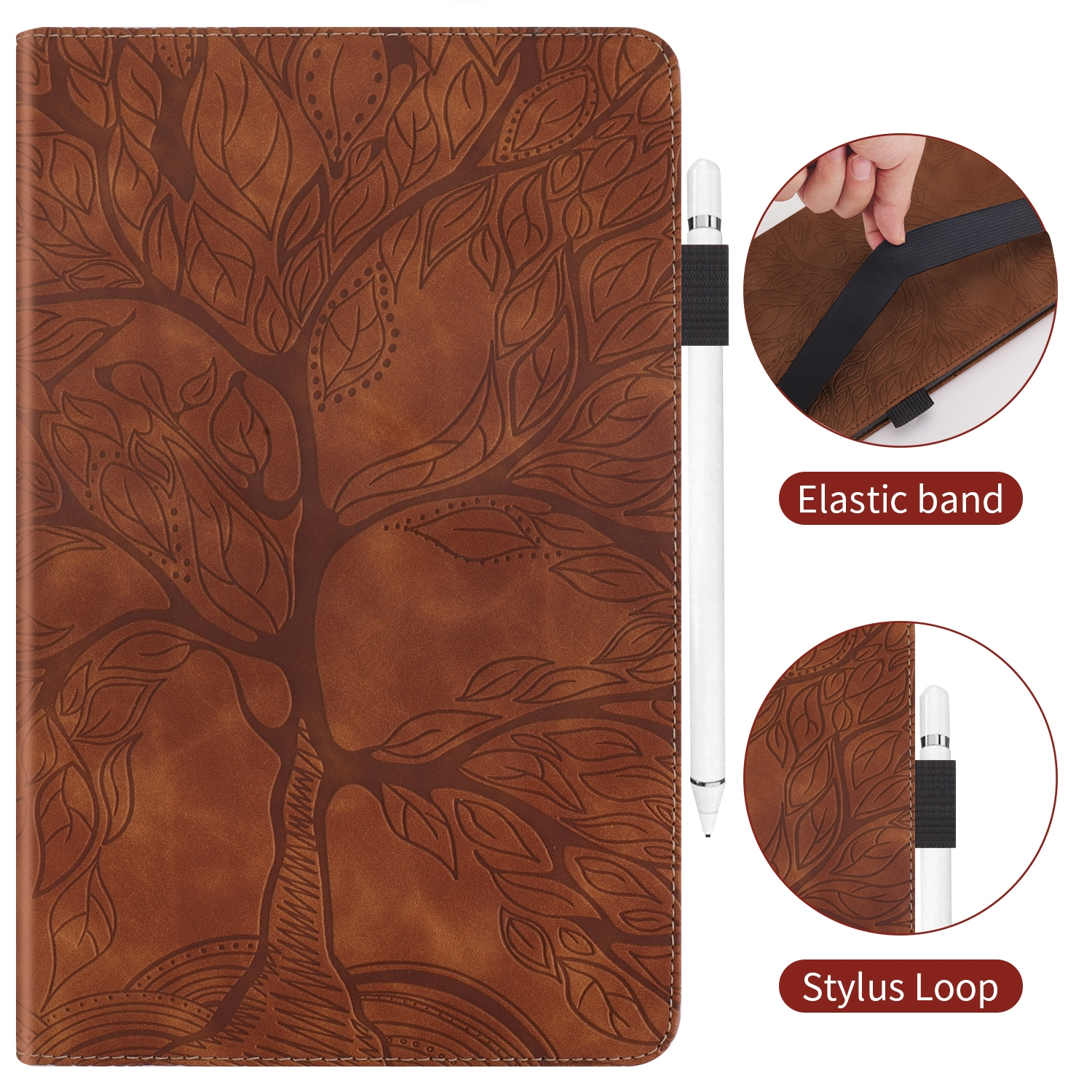Braune Tablet-Hülle aus Leder mit Baumdesign, Stift und Gummiband. Stylus-Schlaufe sichtbar.