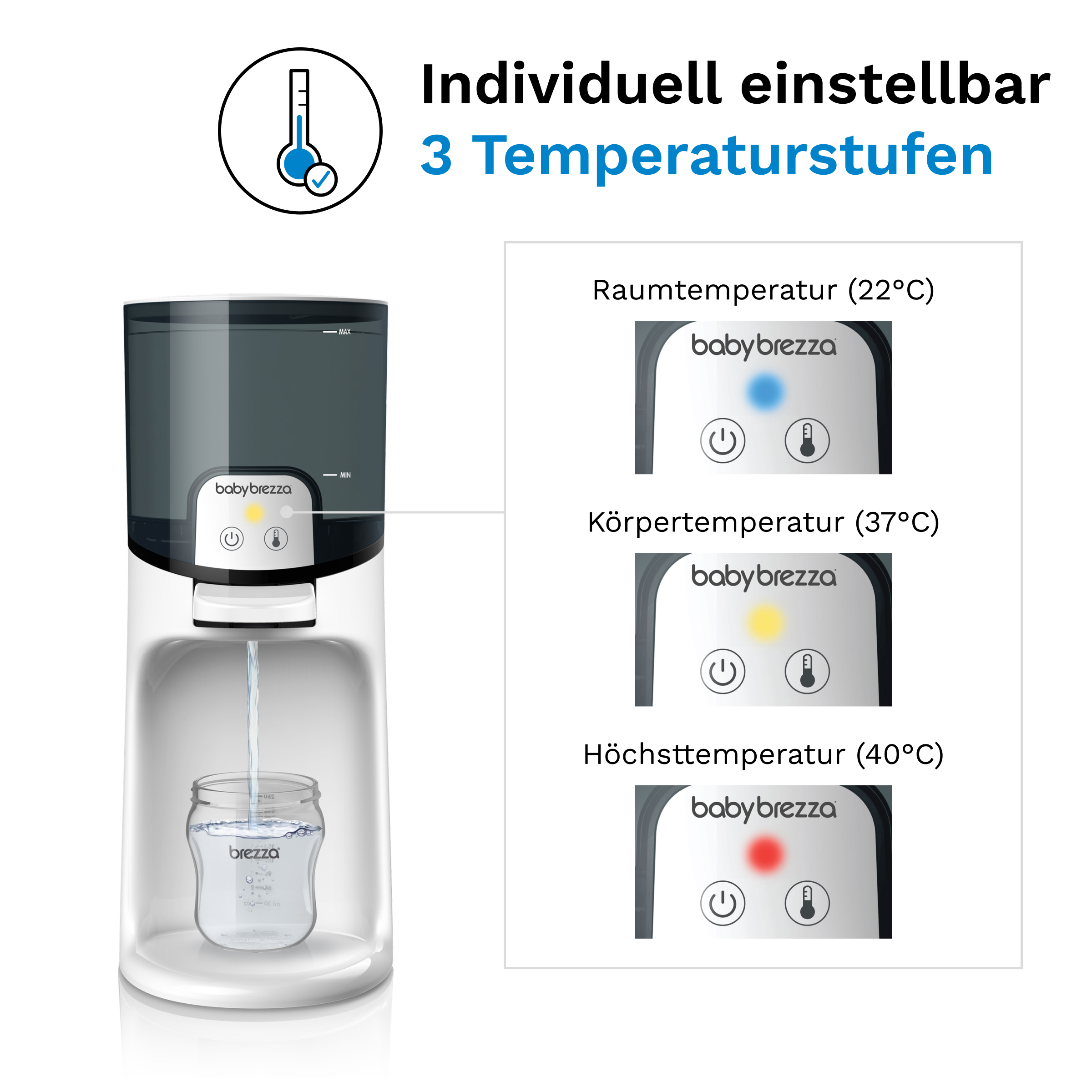 Baby Brezza Flaschenzubereiter. Zeigt 3 Temperaturen, Wasser fließt in eine Flasche. Knöpfe und Beschriftungen sind sichtbar.