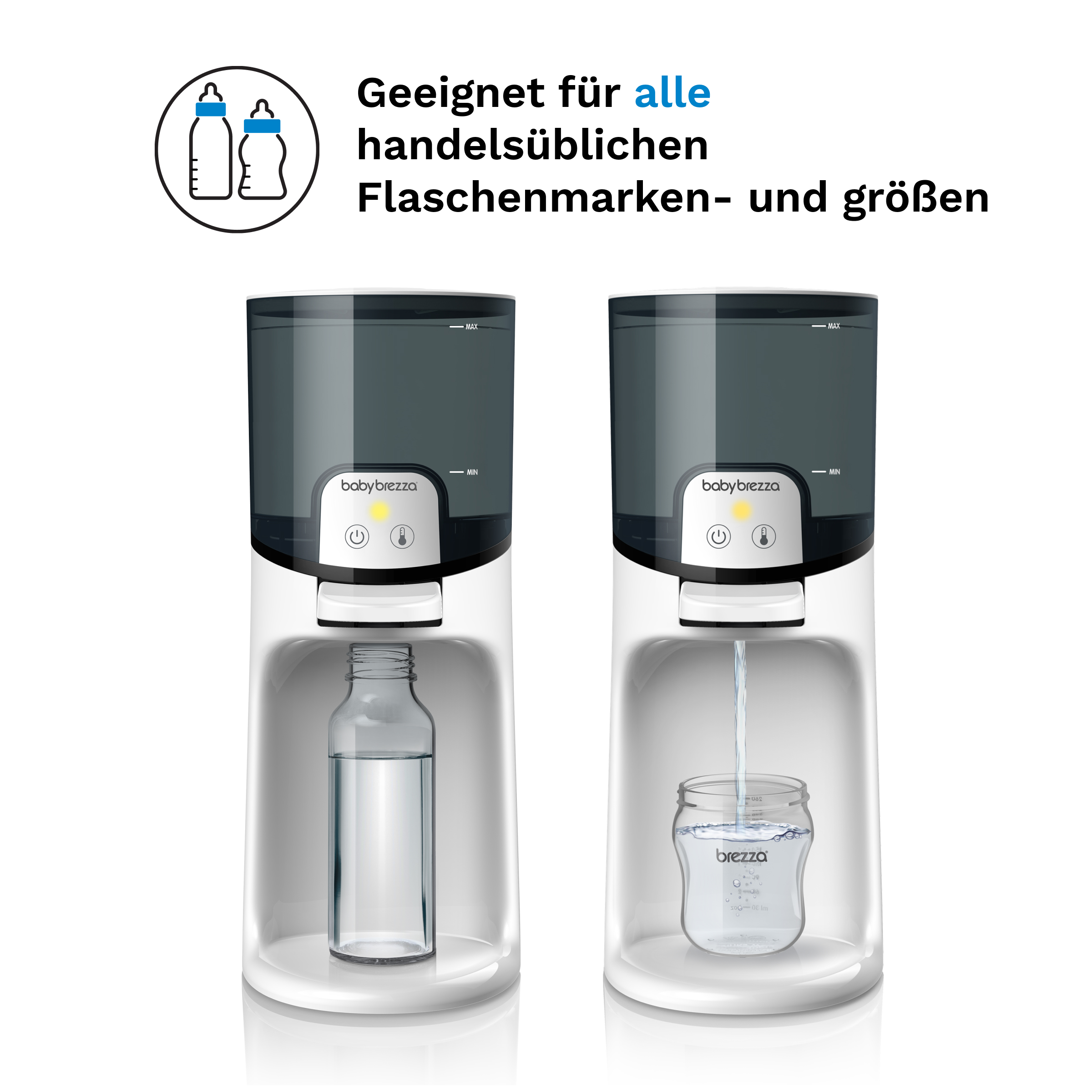 Zwei weiße Babyflaschenwärmer mit einer Flasche links und einer Flasche rechts.