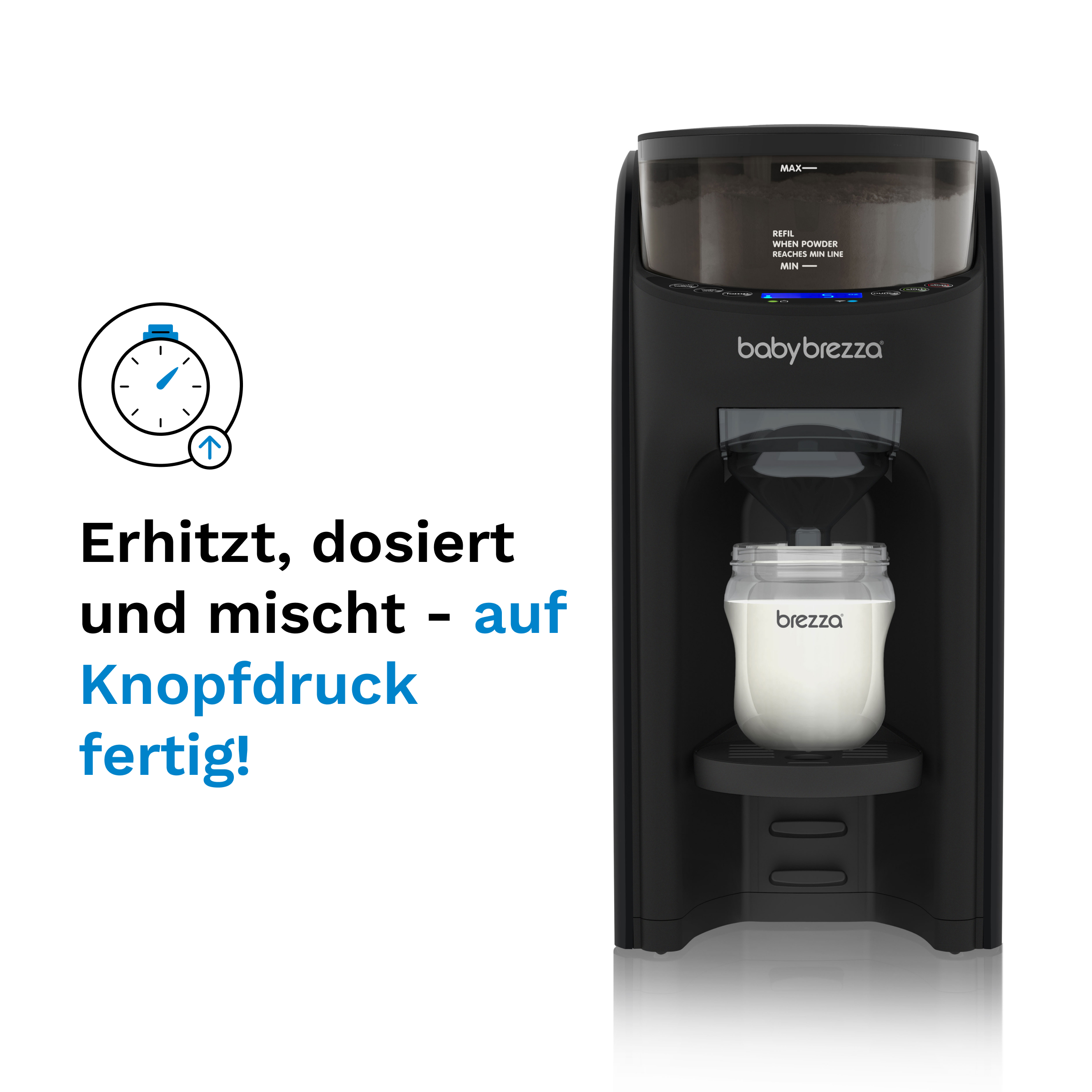 Ein schwarzer Babyflaschenzubereiter mit Flasche, der Text lautet in Sekunden fertig.