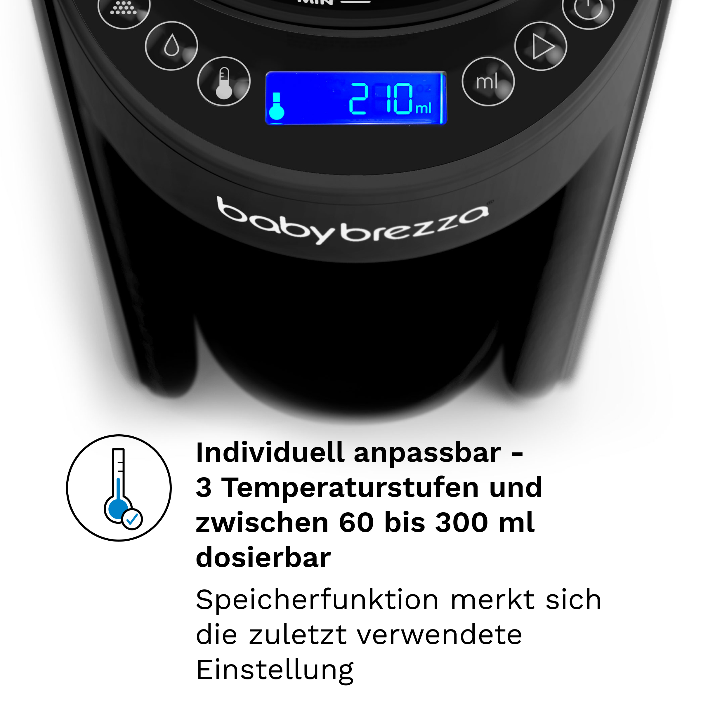 Ein schwarzer Babyflaschenzubereiter mit blauem Display, das 210 ml und das Babybrezza-Logo zeigt.
