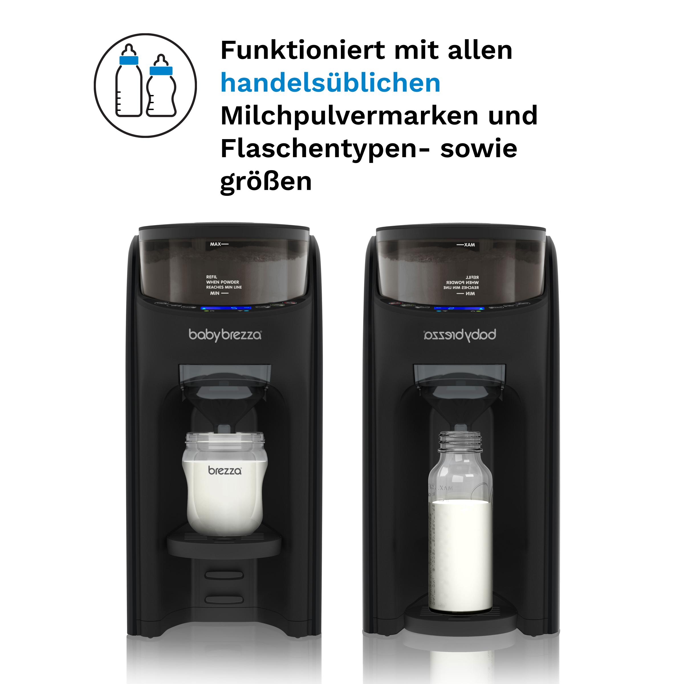 Zwei schwarze Babyflaschenzubereiter mit Flaschen und Symbolen.