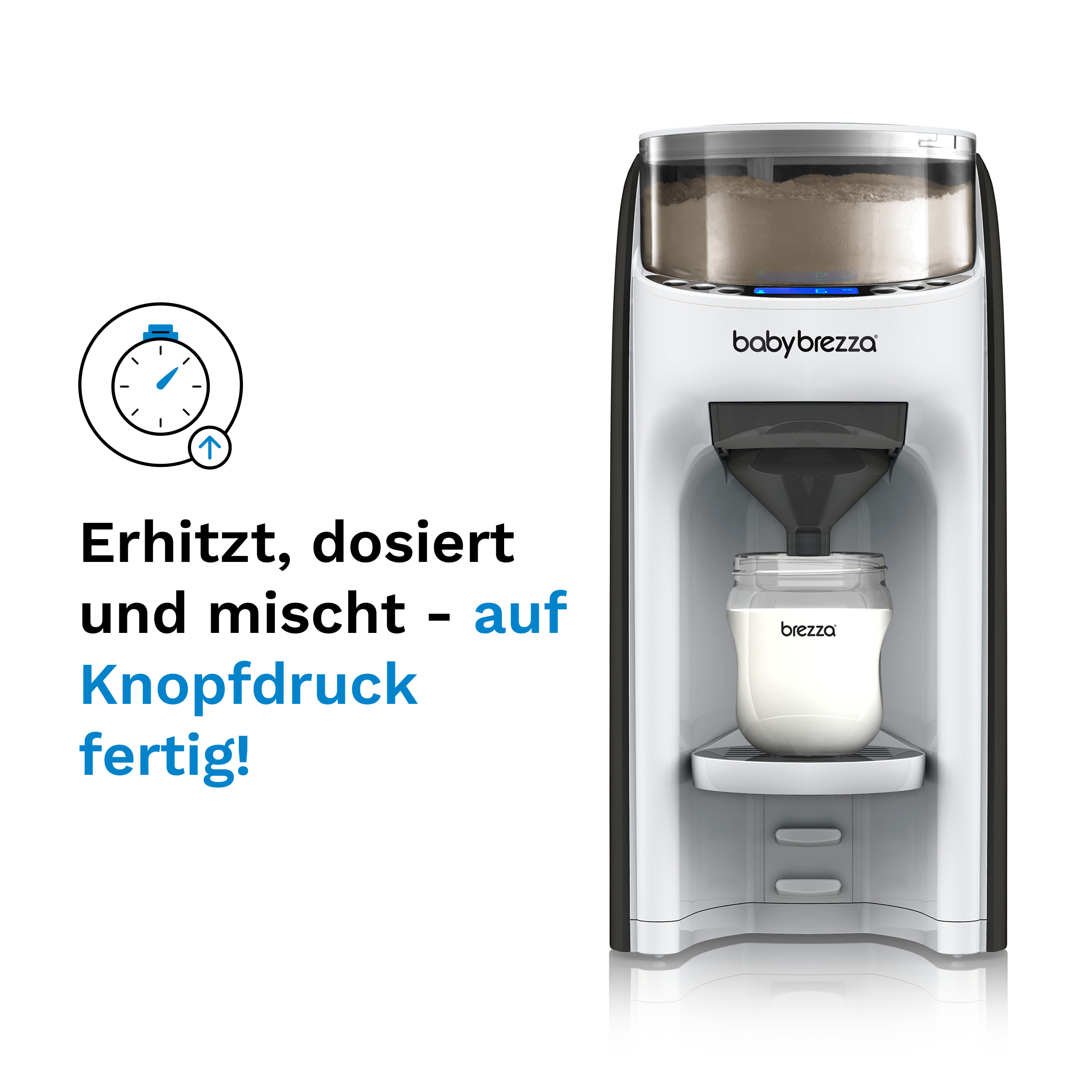 Weiß-schwarzer Babynahrungszubereiter. Text zeigt Erhitzen, Mischen, Dosieren.