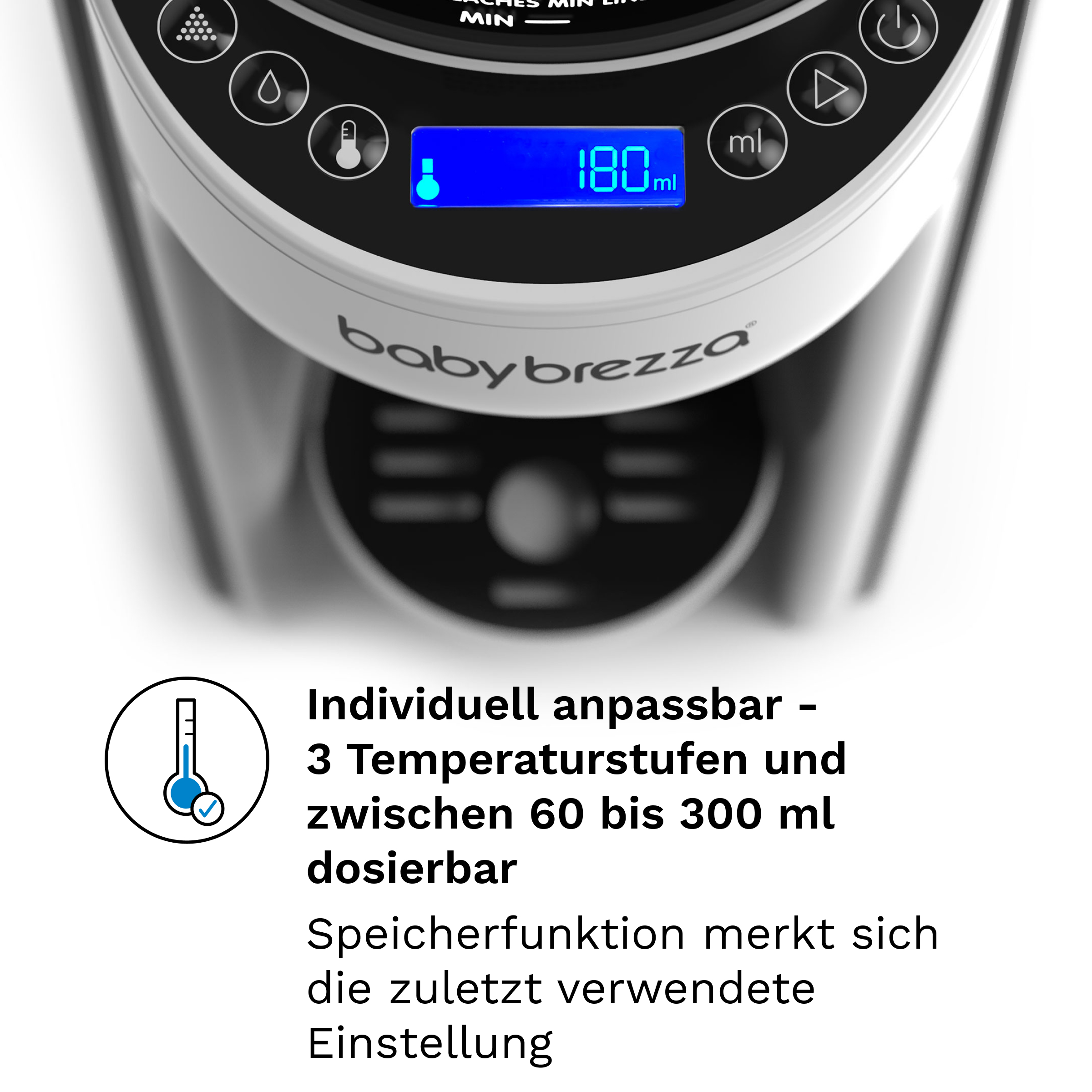 Nahaufnahme eines Babyflaschenzubereiters mit blauem Display und weißen Details.
