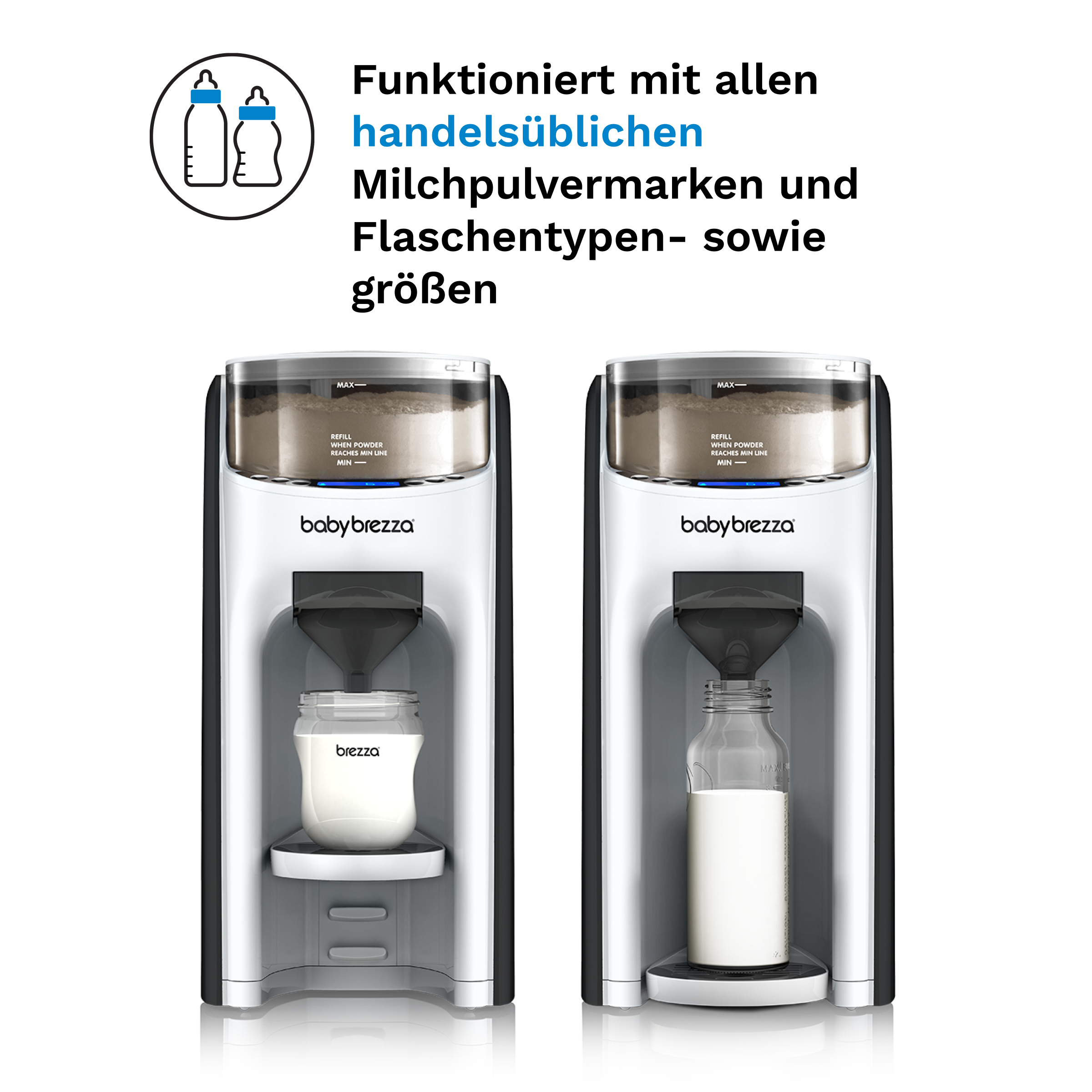 Zwei Babyflaschenzubereiter in Schwarz und Weiß, die Milch ausgeben. Text: Funktioniert mit allen Flaschenarten.