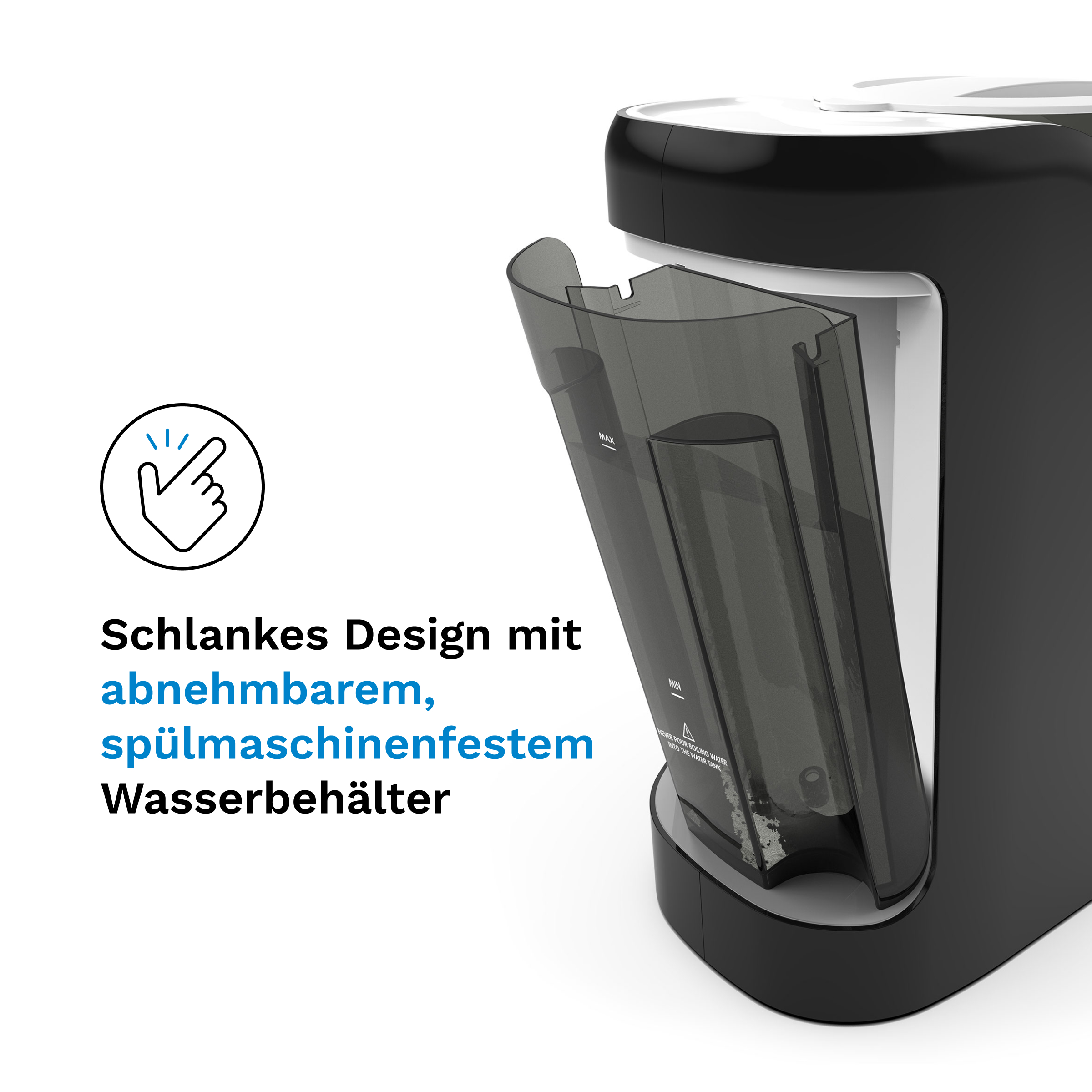 Ein schwarzes Gerät mit abnehmbarem Wassertank. Es steht auf weißem Hintergrund.