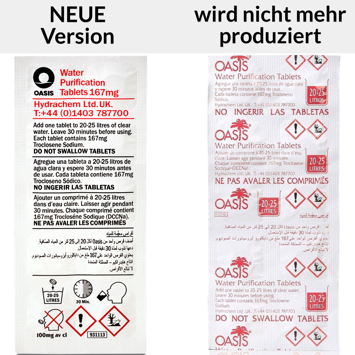 Verpackung von Wasserreinigungstabletten. Weiße Verpackung mit Text in mehreren Sprachen und Warnhinweisen.