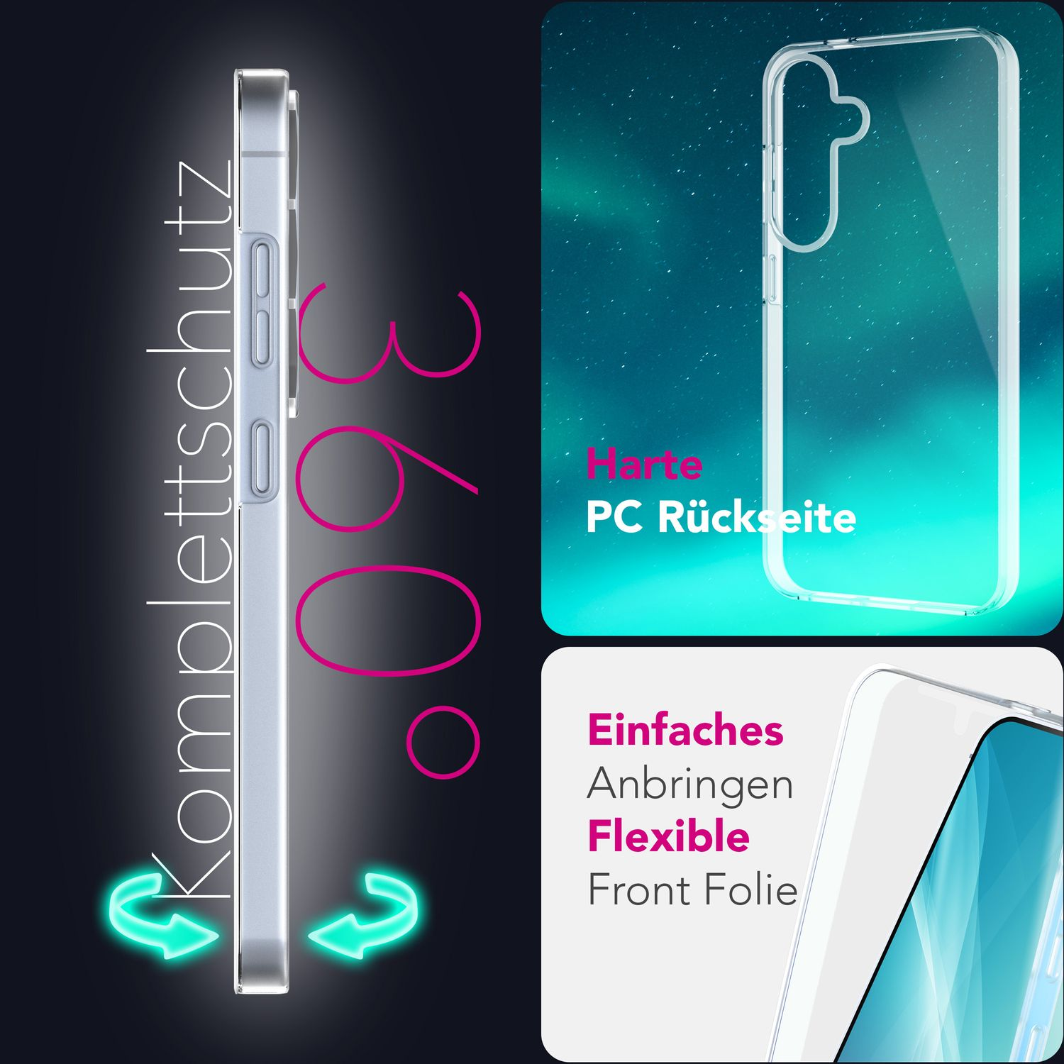 Eine transparente Handyhülle mit 360-Grad-Schutz und Funktionen wie einer flexiblen Frontfolie.