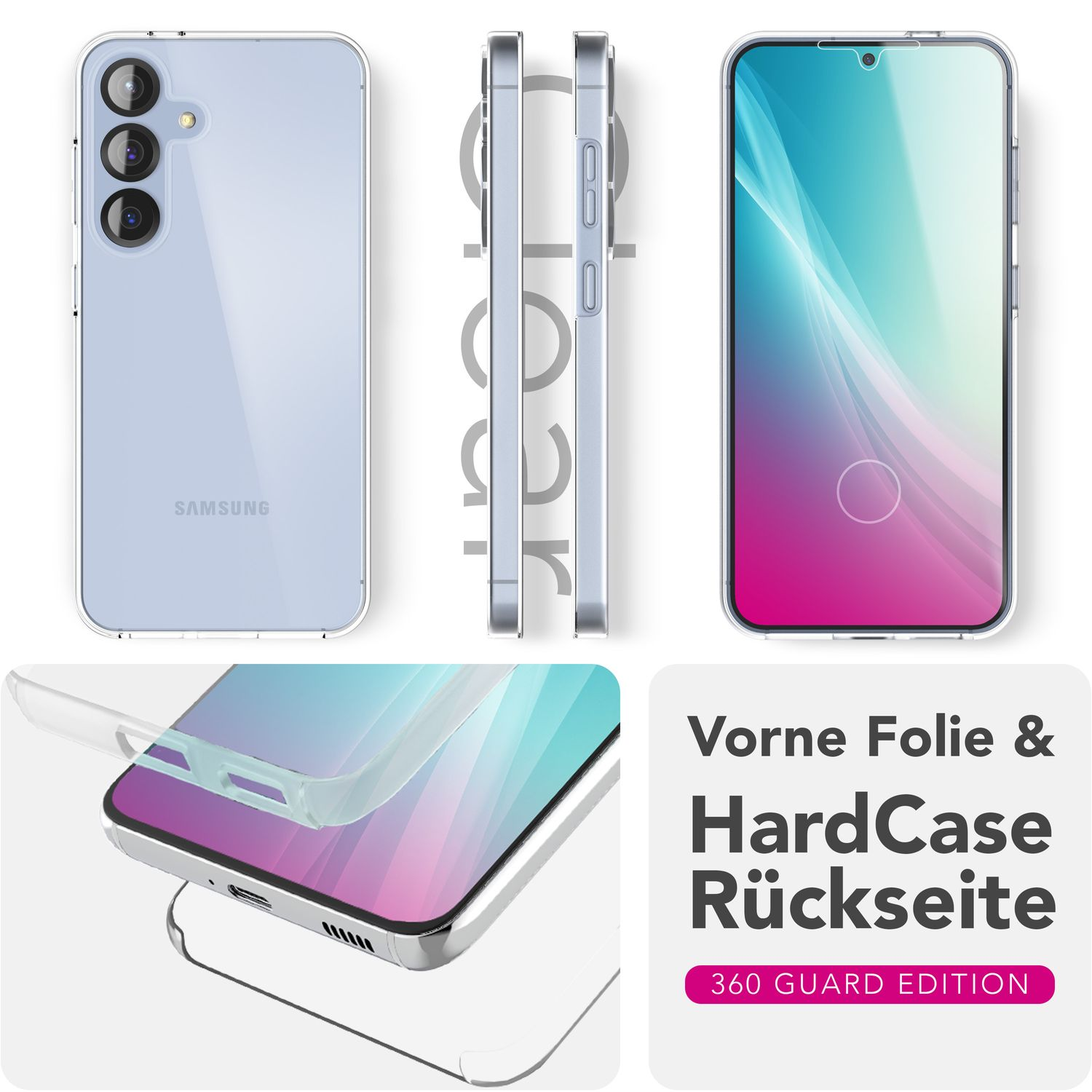 Transparente Handyhülle mit Telefon, mehrere Ansichten und Text zum Schutz.