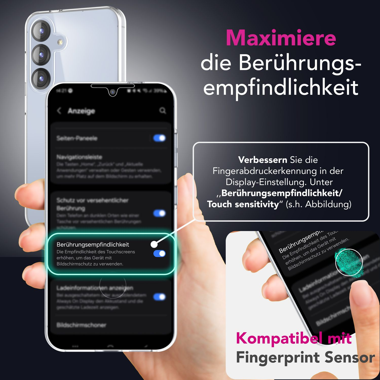 Blaue Handyhülle mit goldenen Akzenten, in einer Hand vor unscharfem Hintergrund.