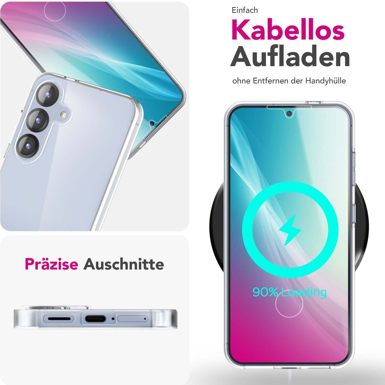Telefon in Hülle, das auf kabellosem Ladegerät geladen wird. Text: 90% laden.