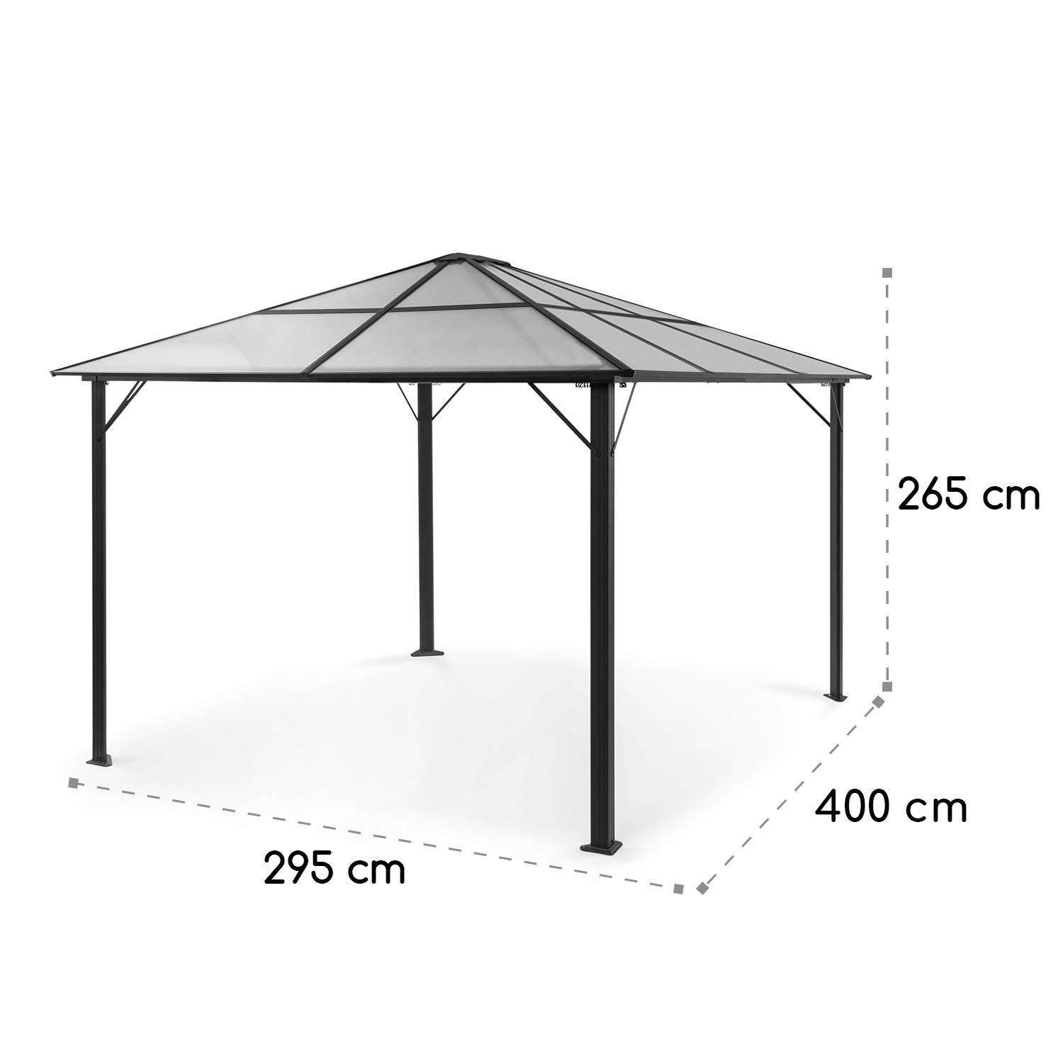 Sechseckiger Pavillon mit Maßen. Schwarzer Rahmen, transparentes Dach.