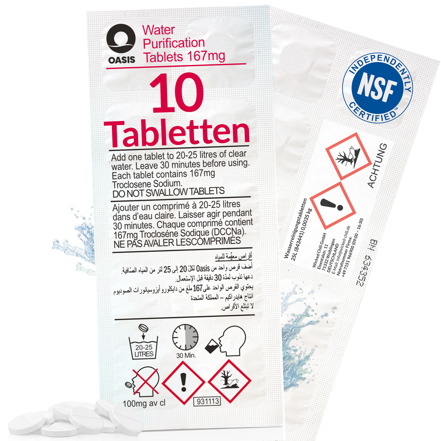 Eine Packung Wasserreinigungstabletten. Die Packung ist weiß.
