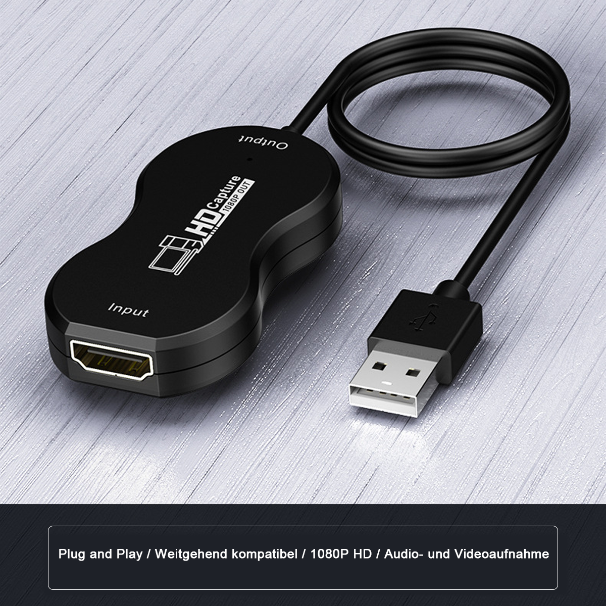 Schwarzes HD-Aufnahmegerät mit Kabel. HDMI-Eingang, USB-Ausgang. Plug & Play.