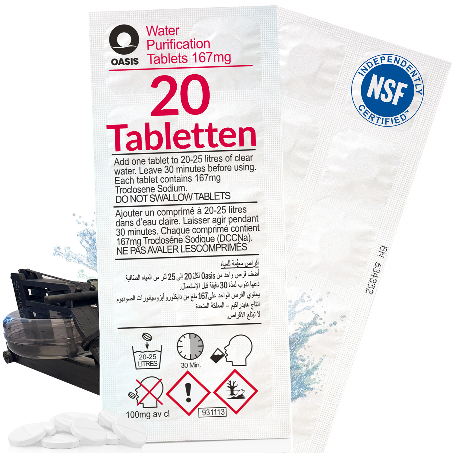 Blisterpackung mit 20 Wasserreinigungstabletten. Weiße Tabletten, Text in Englisch, Französisch und Arabisch. Kleine Symbole.