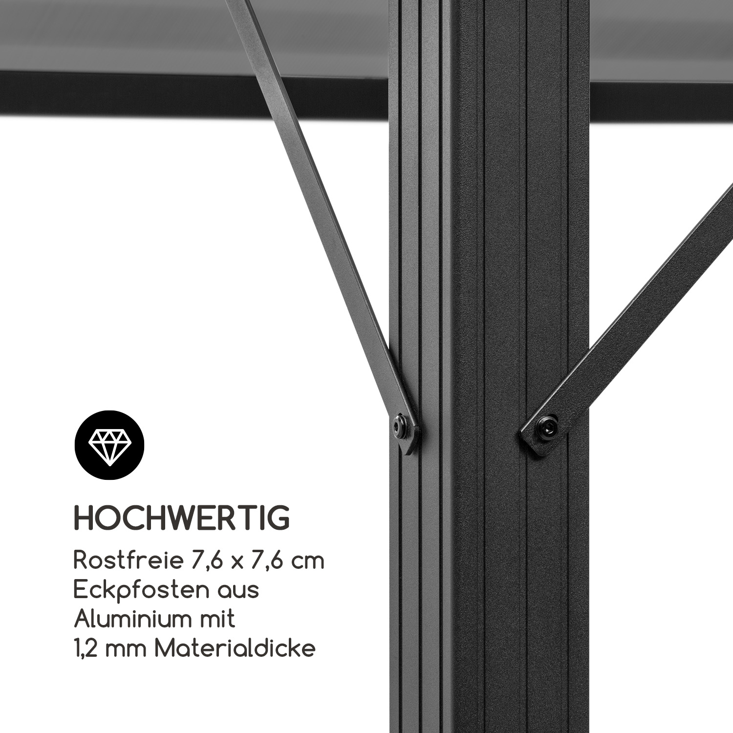 Nahaufnahme einer schwarzen Metallstruktur. Text: HOCHWERTIG, Rostfreie 7,6 x 7,6 cm Eckpfosten aus Aluminium.