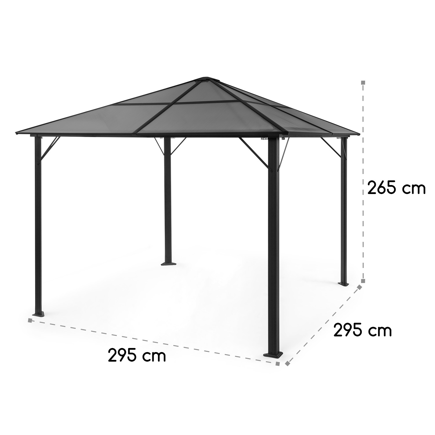 Ein schwarzer Pavillon mit den Abmessungen 295 cm x 295 cm x 265 cm, vor weißem Hintergrund.