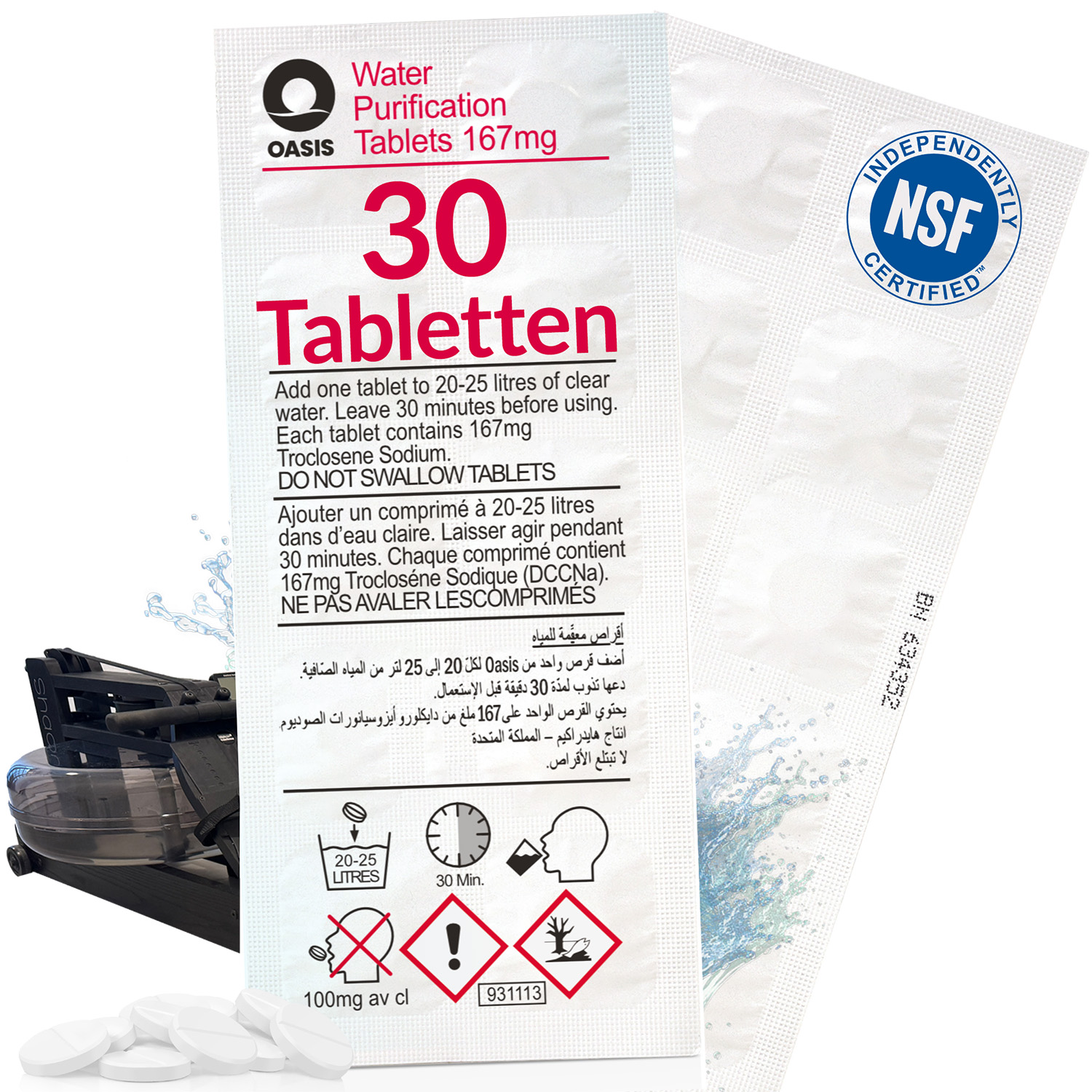 Wasserreinigungstabletten in einer Packung. 30 Tabletten, Anweisungen in mehreren Sprachen.