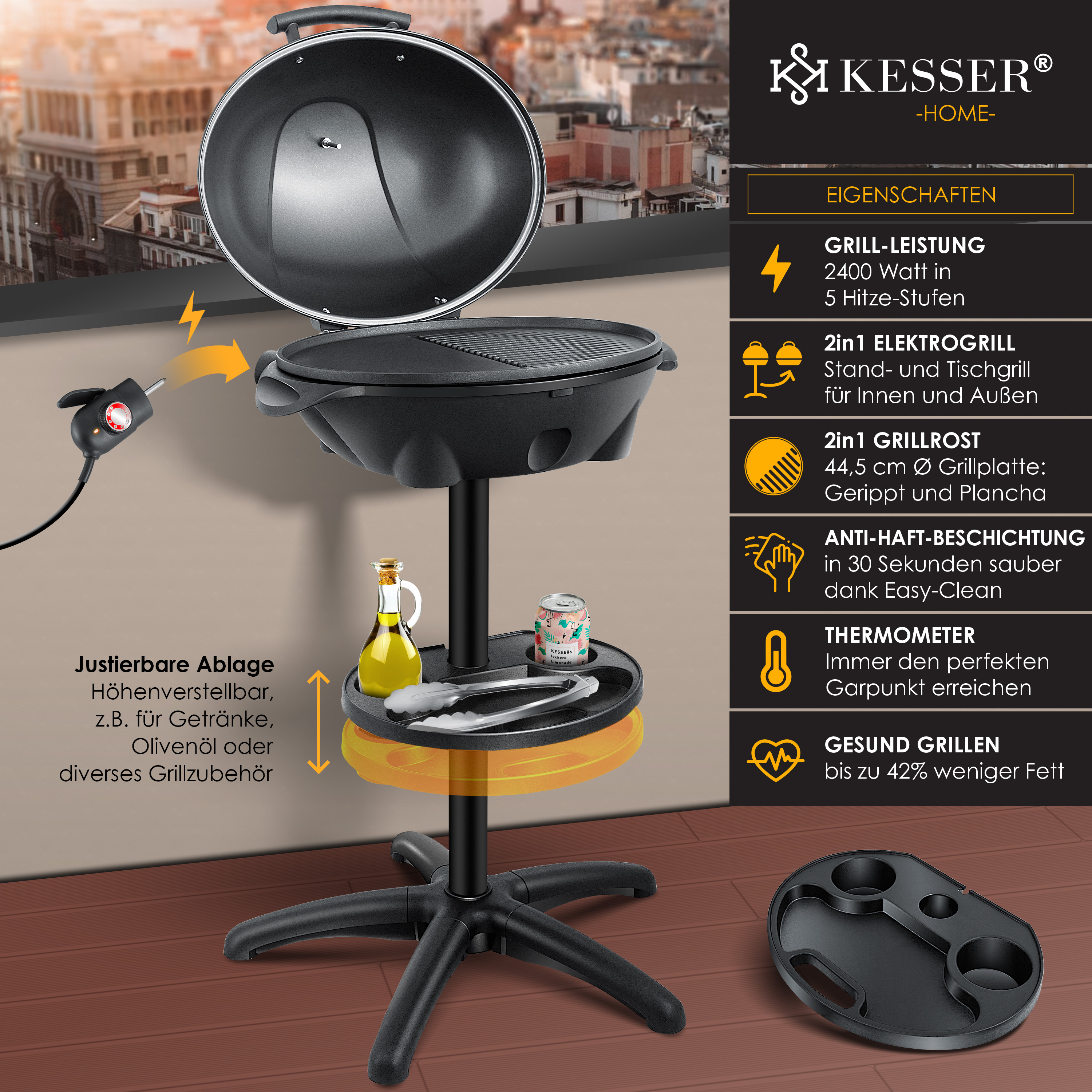 Barbecue noir avec une table d'appoint. Huile d'olive et pinces sur la table. Support noir et fond blanc.