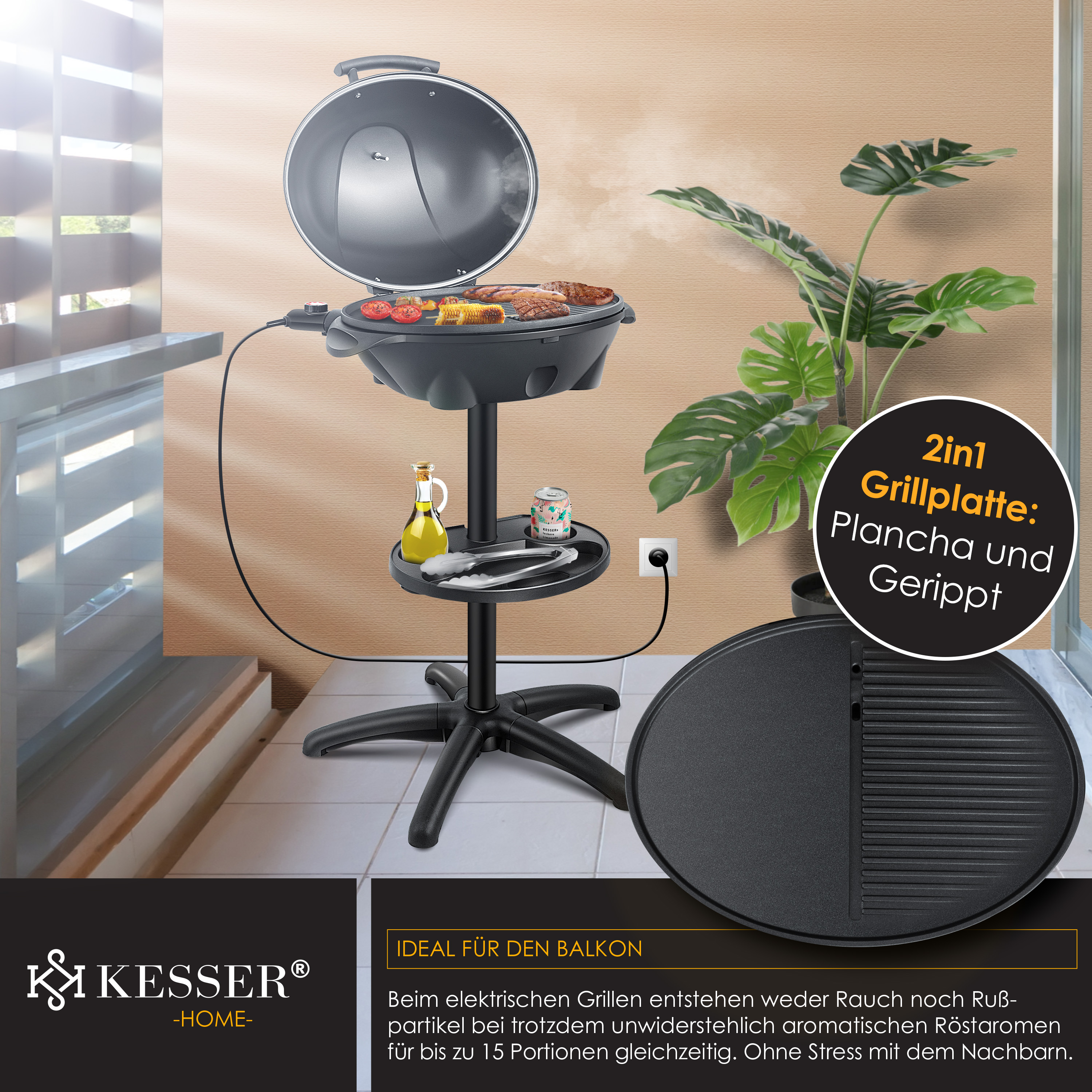 Un grill noir avec des aliments en cuisson, un support et une plante. Le texte dit '2in1 Grillplatte'.