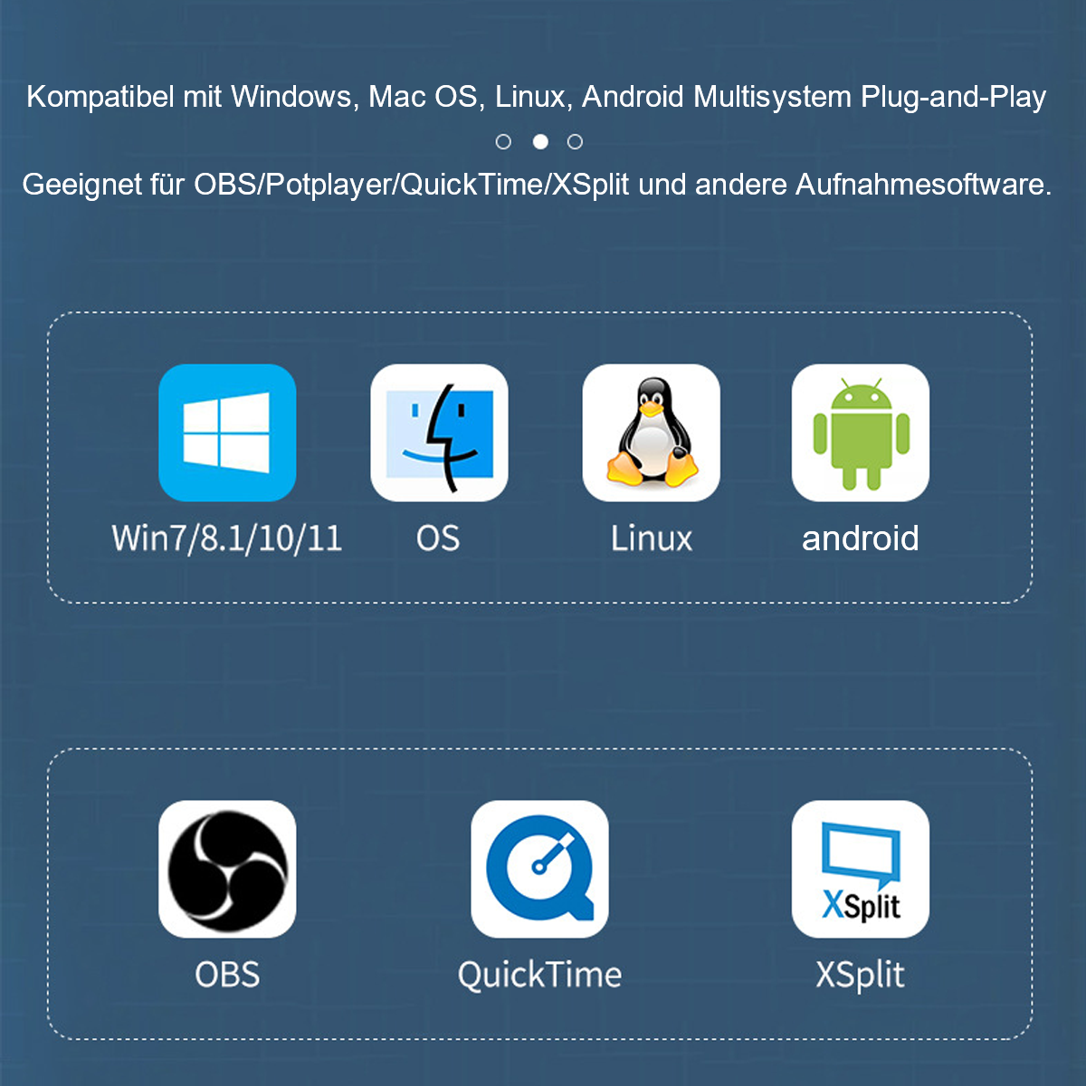 Symbole von Windows, Mac OS, Linux, Android, OBS, QuickTime und XSplit auf blauem Hintergrund.
