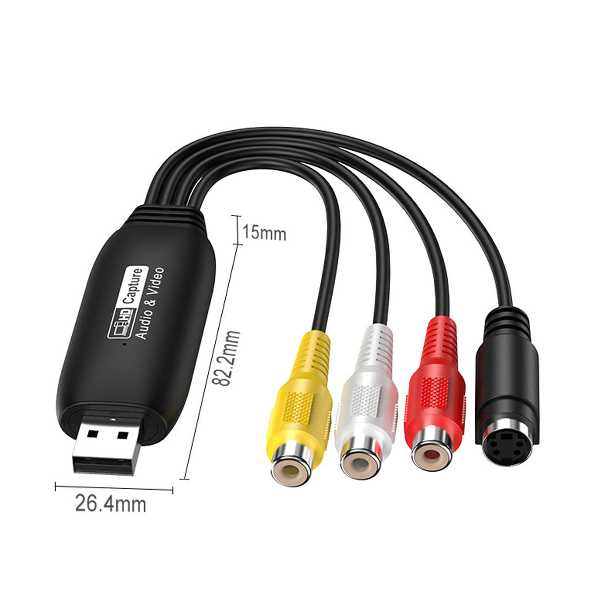 Schwarzes Aufnahmegerät mit USB- und Cinch-Anschlüssen. Kabel in Gelb, Weiß, Rot und Schwarz.