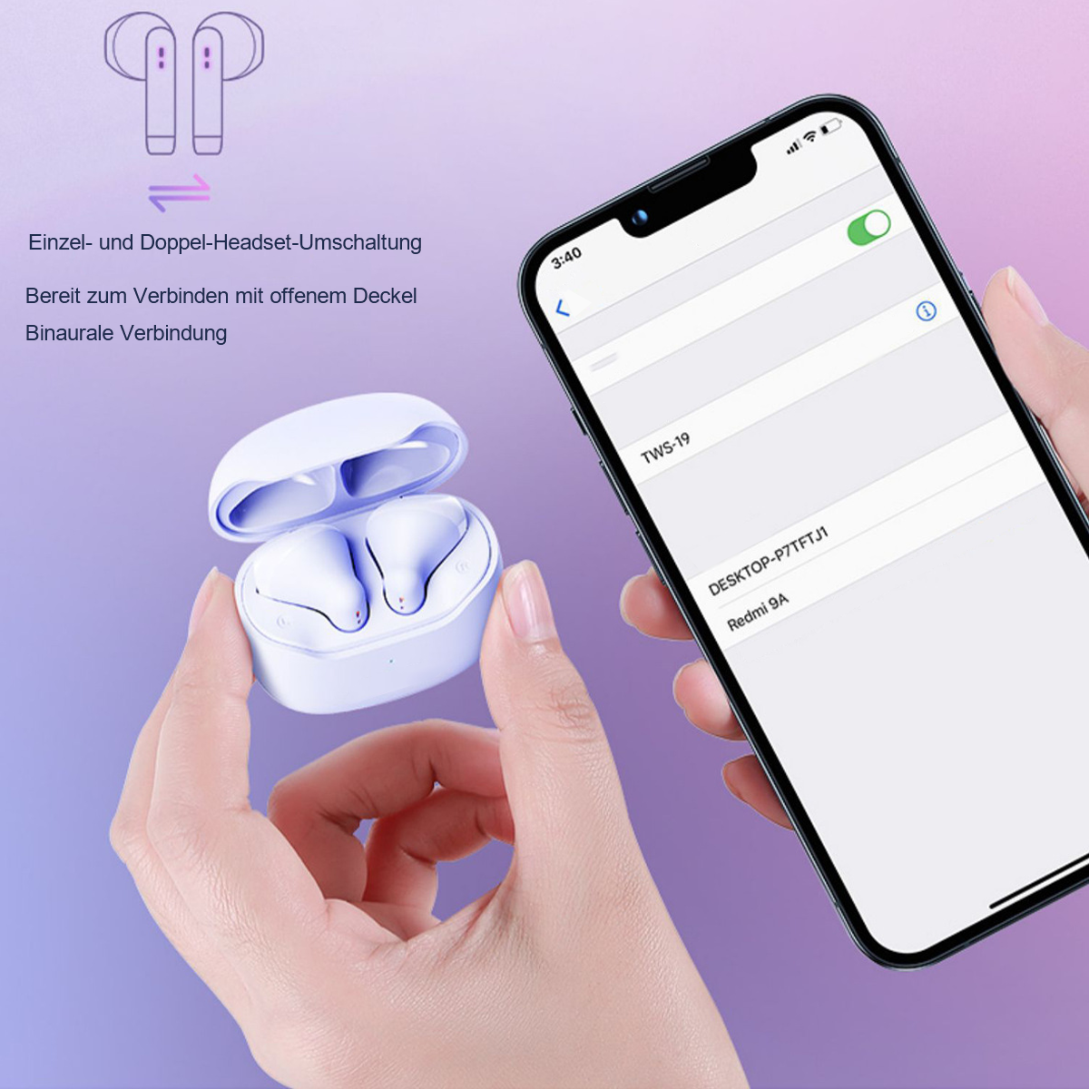 Geöffnetes weißes Ohrhörer-Etui, Ohrhörer innen, Telefonbildschirm mit Bluetooth-Geräten. Hand hält das Telefon.