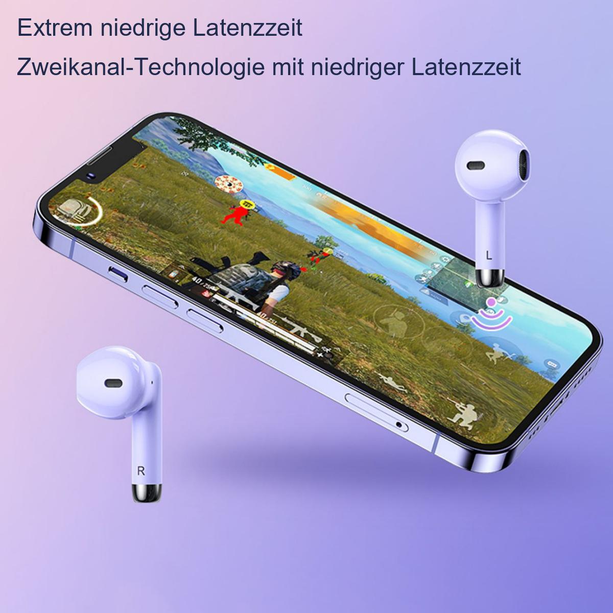 Kopfhörer und Telefon mit Spielbildschirm. Kopfhörer sind lila. Telefon ist abgewinkelt.