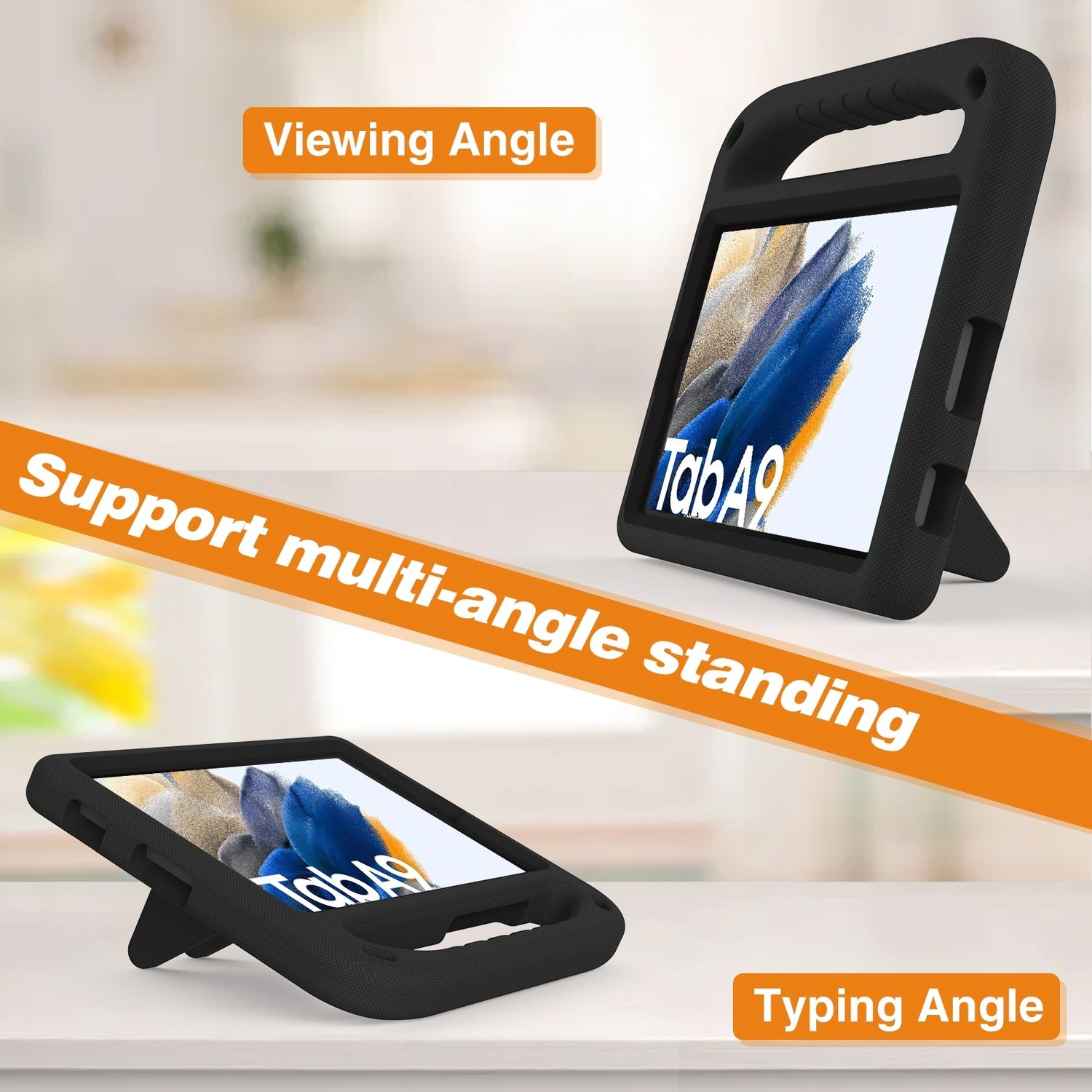 Eine schwarze Tablethülle mit einem Tablet darin. Es kann zum Tippen und Anzeigen eingerichtet werden, mit TabA9 sichtbar.