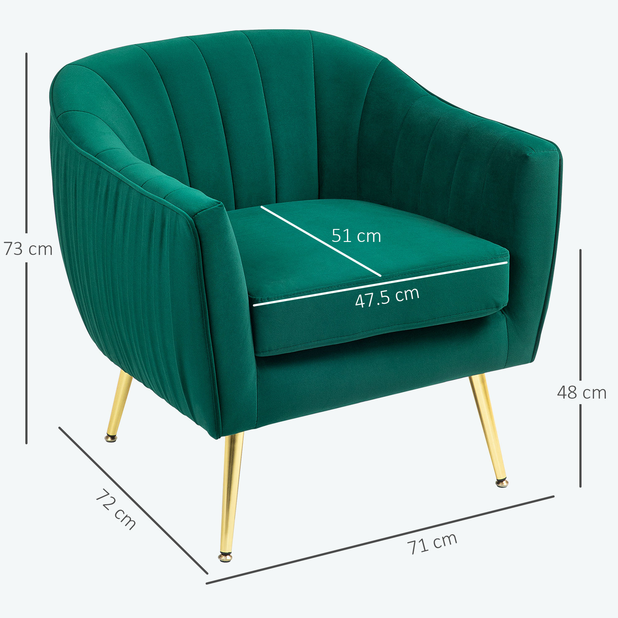 Una poltrona in velluto verde con gambe dorate. Dimensioni: 73 cm altezza, 72 cm larghezza, 71 cm profondità.