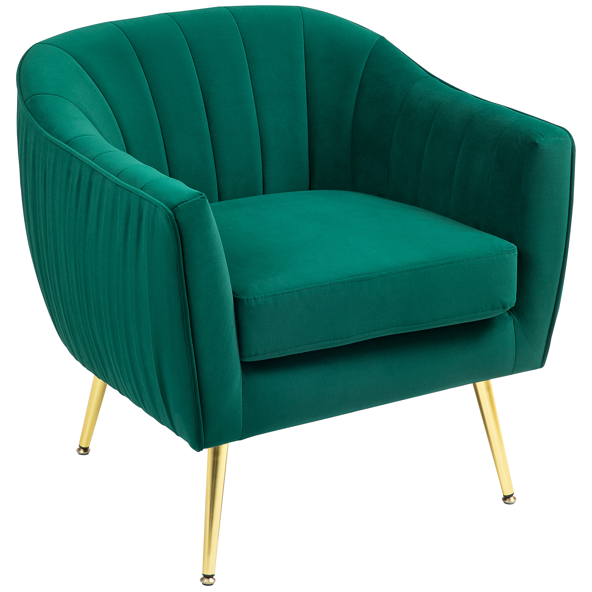 Una poltrona verde in velluto con gambe dorate. La sedia è davanti a uno sfondo bianco.