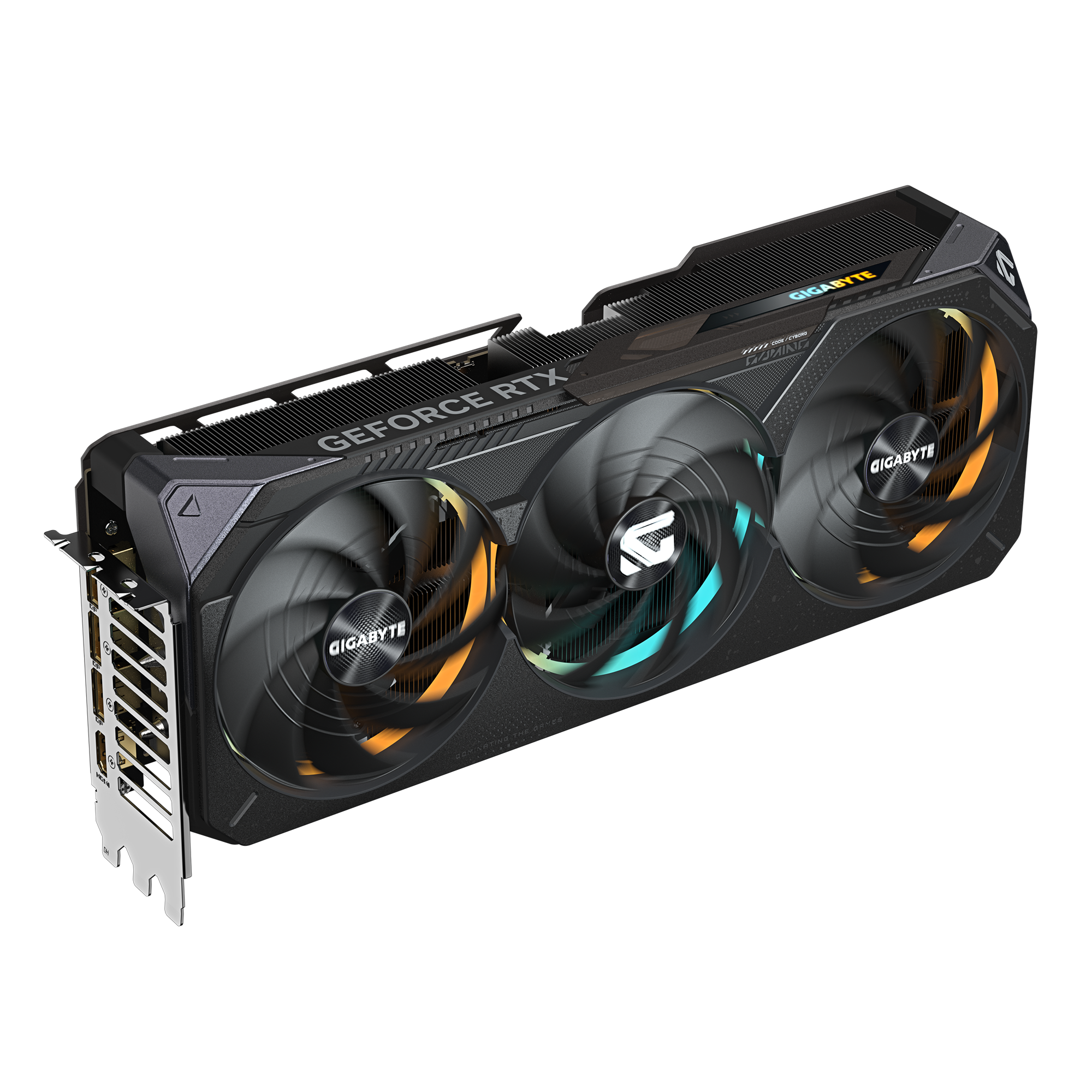 Czarna i szara karta graficzna z trzema wentylatorami. Tekst 'GeForce RTX' jest widoczny na górze.