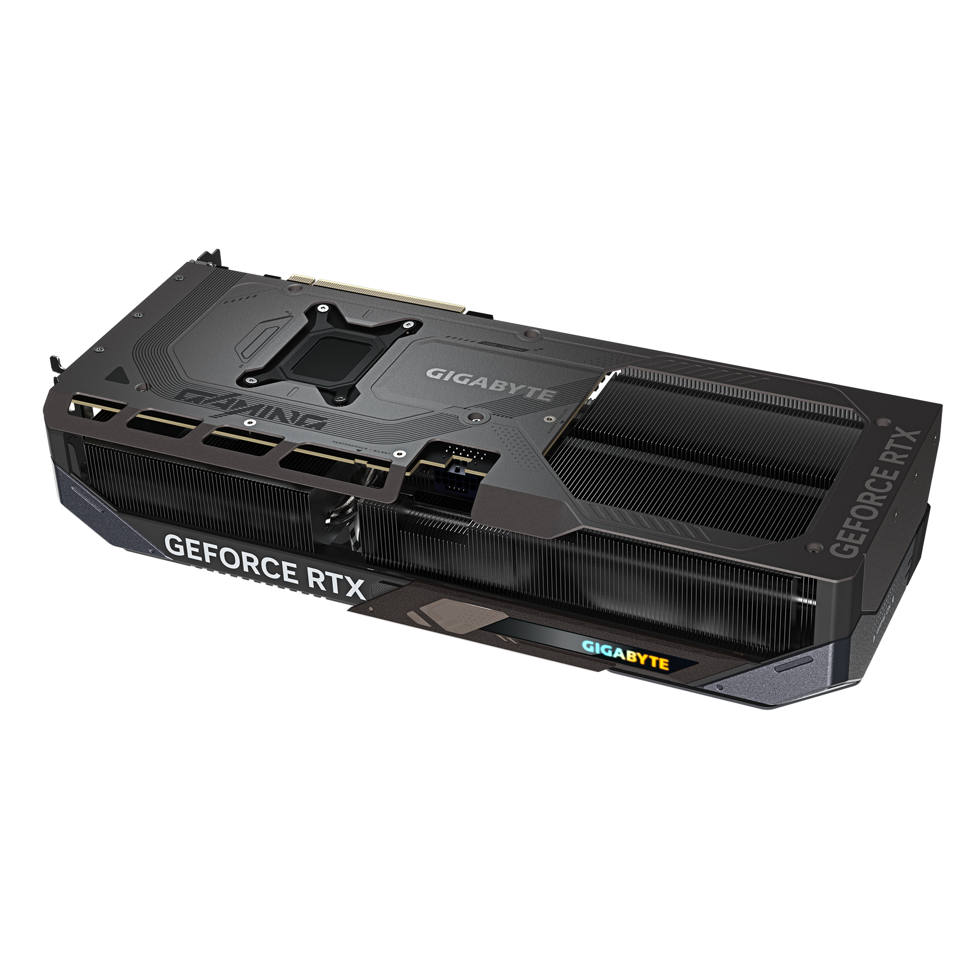 Czarna i szara karta graficzna z napisami 'GEFORCE RTX' i 'GIGABYTE'.