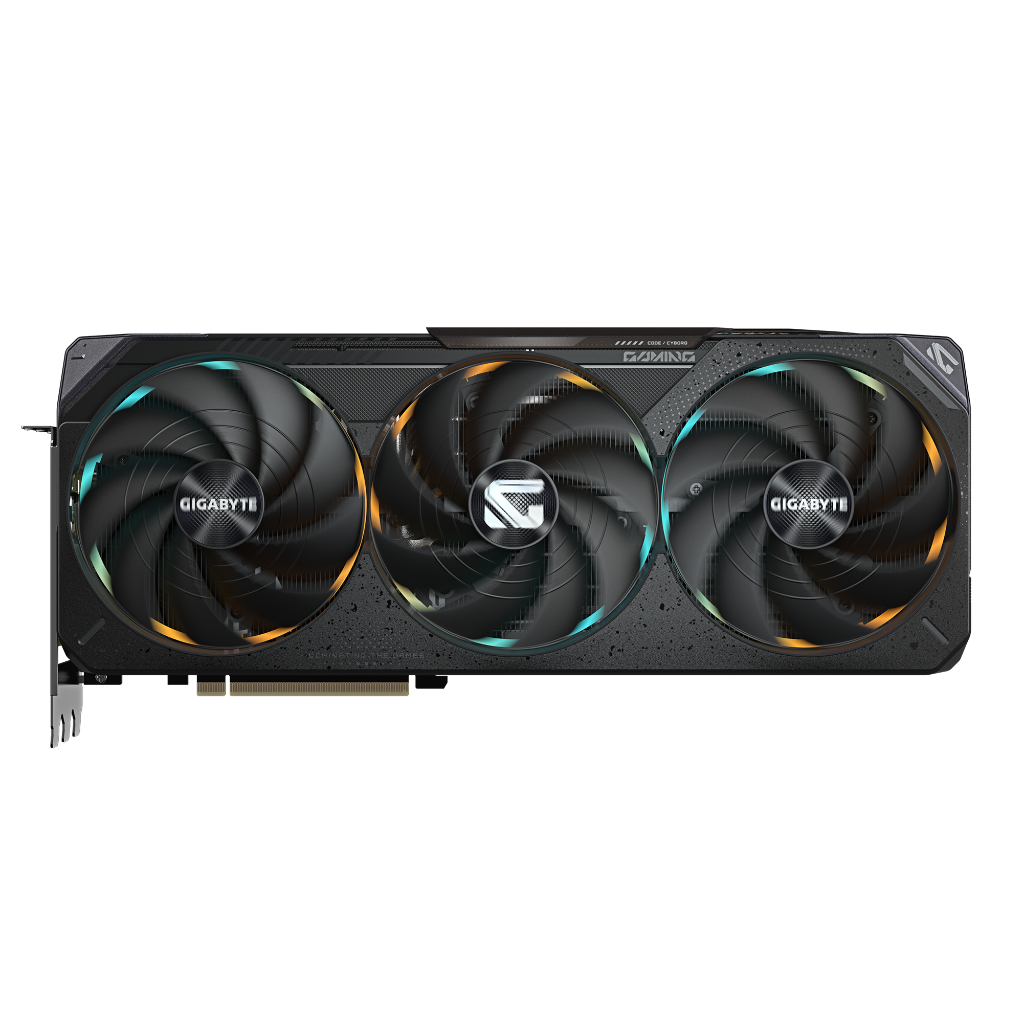 Karta graficzna z trzema wentylatorami. Karta ma czarno-pomarańczowy design.