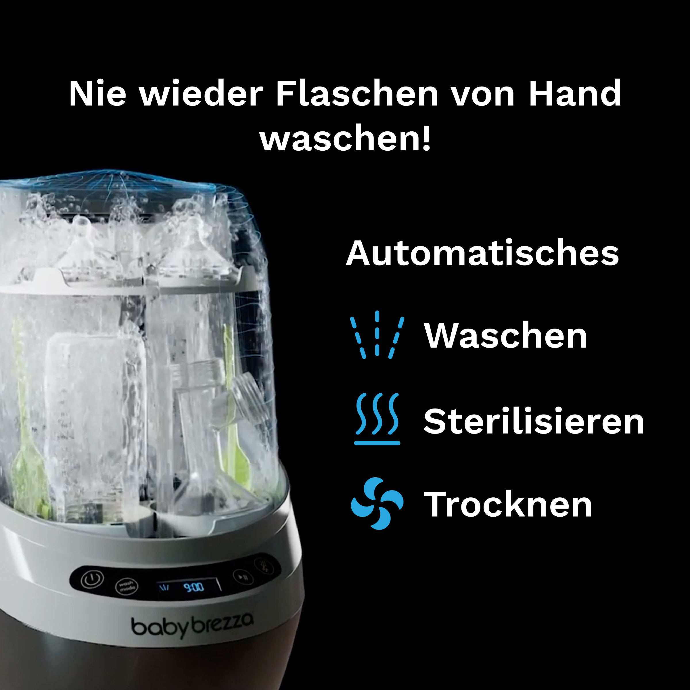 Babyflaschen-Sterilisator und Trockner. Text: Automatisches Waschen, Sterilisieren und Trocknen.