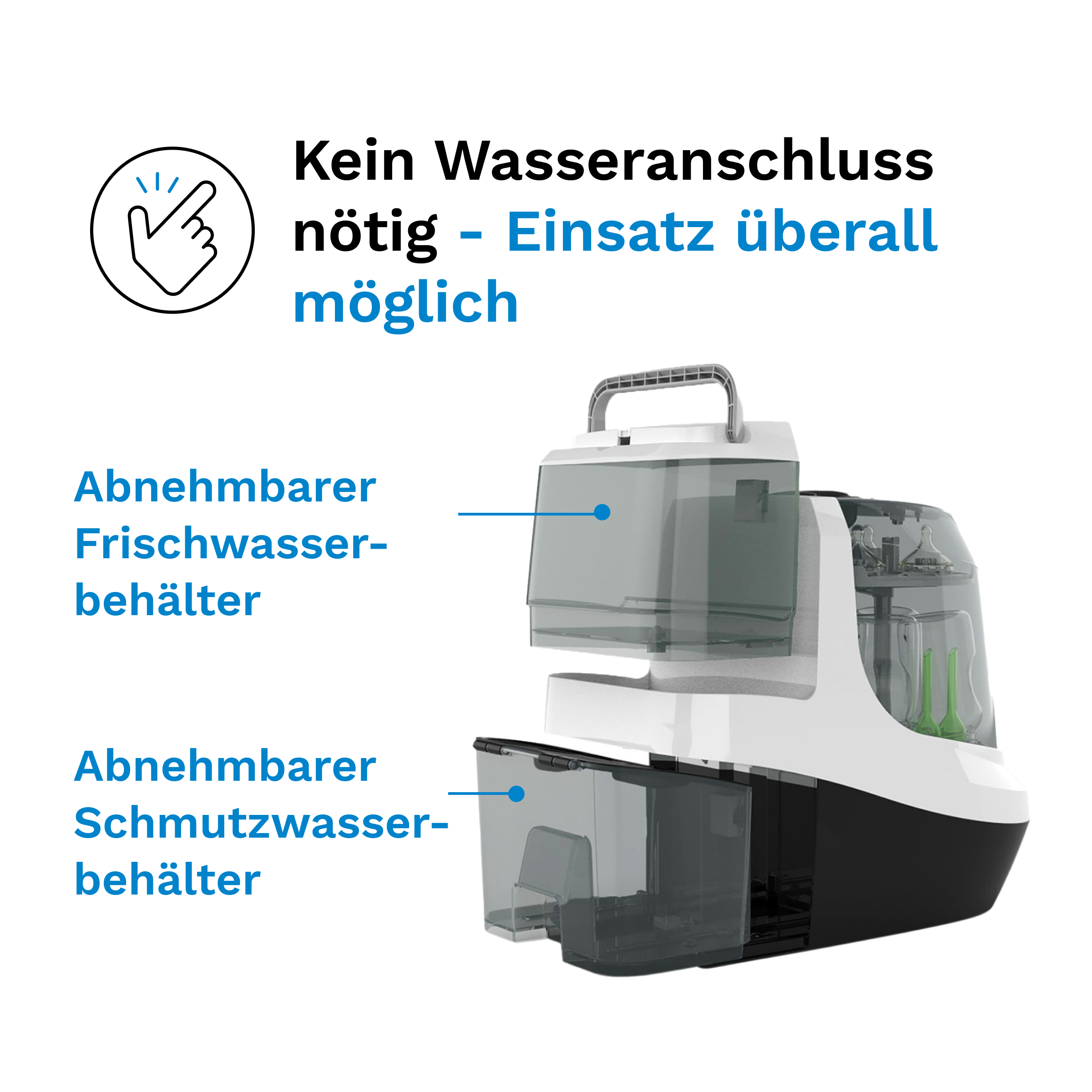 Ein weiß-schwarzer tragbarer Reiniger mit abnehmbarem Wassertank und Schmutzwassertank.