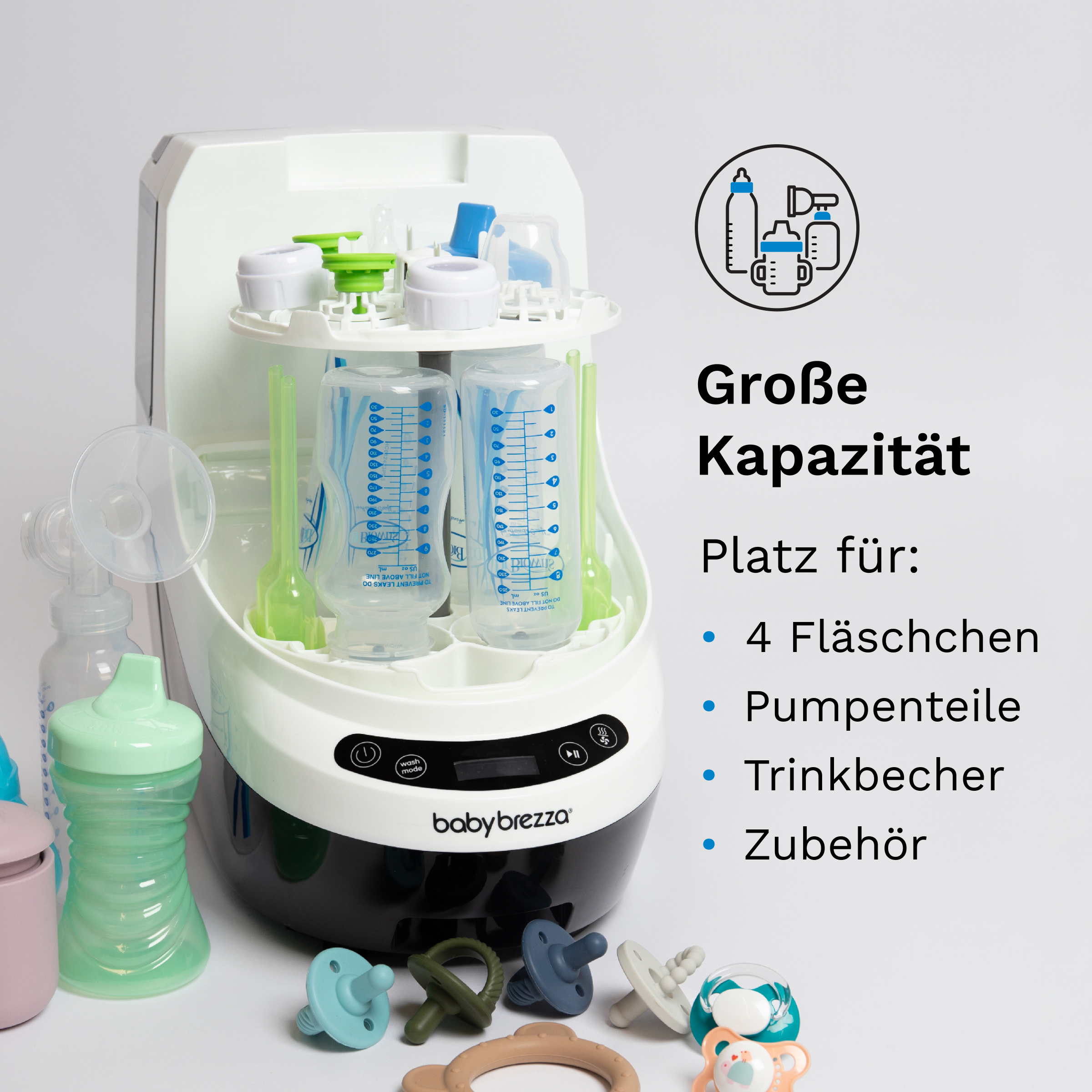 Ein Babyflaschensterilisator mit Flaschen, Schnullern und Text auf Deutsch auf weißem Hintergrund.