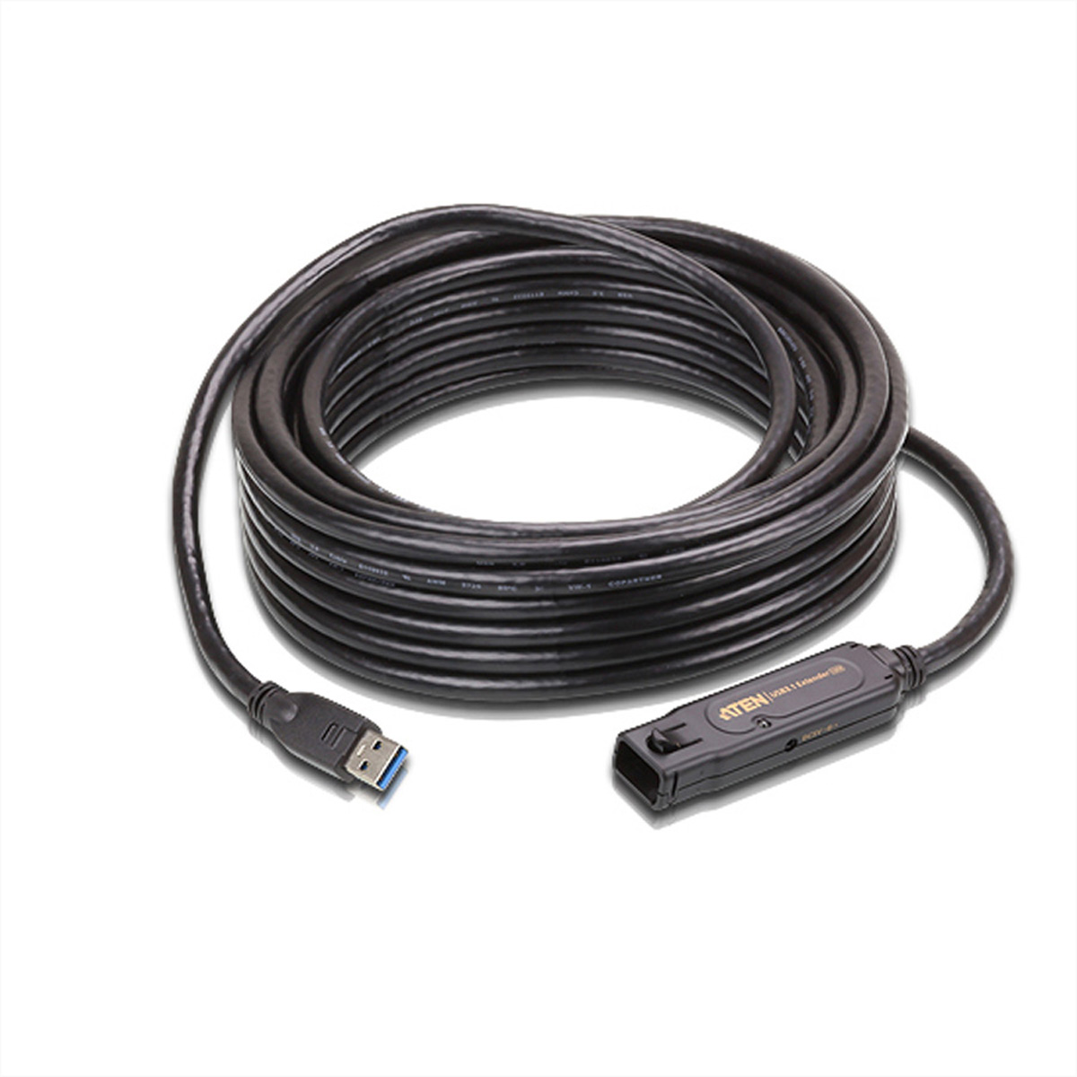 Câble d'extension USB noir enroulé. Connecteur USB-A à une extrémité, ATEN à l'autre.