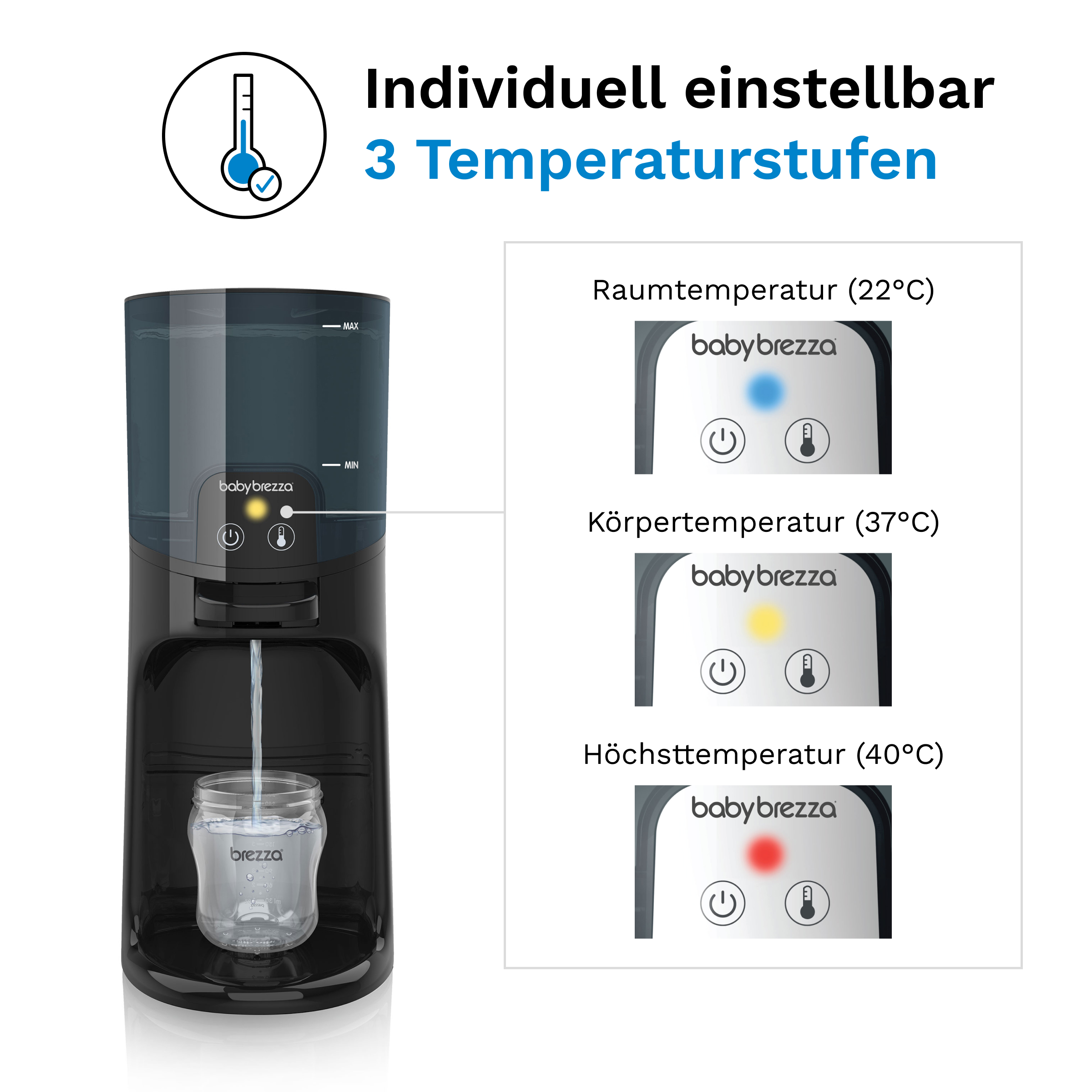 Ein Babyflaschenwärmer mit einer Glasflasche darin. Drei Temperatureinstellungen werden rechts angezeigt.