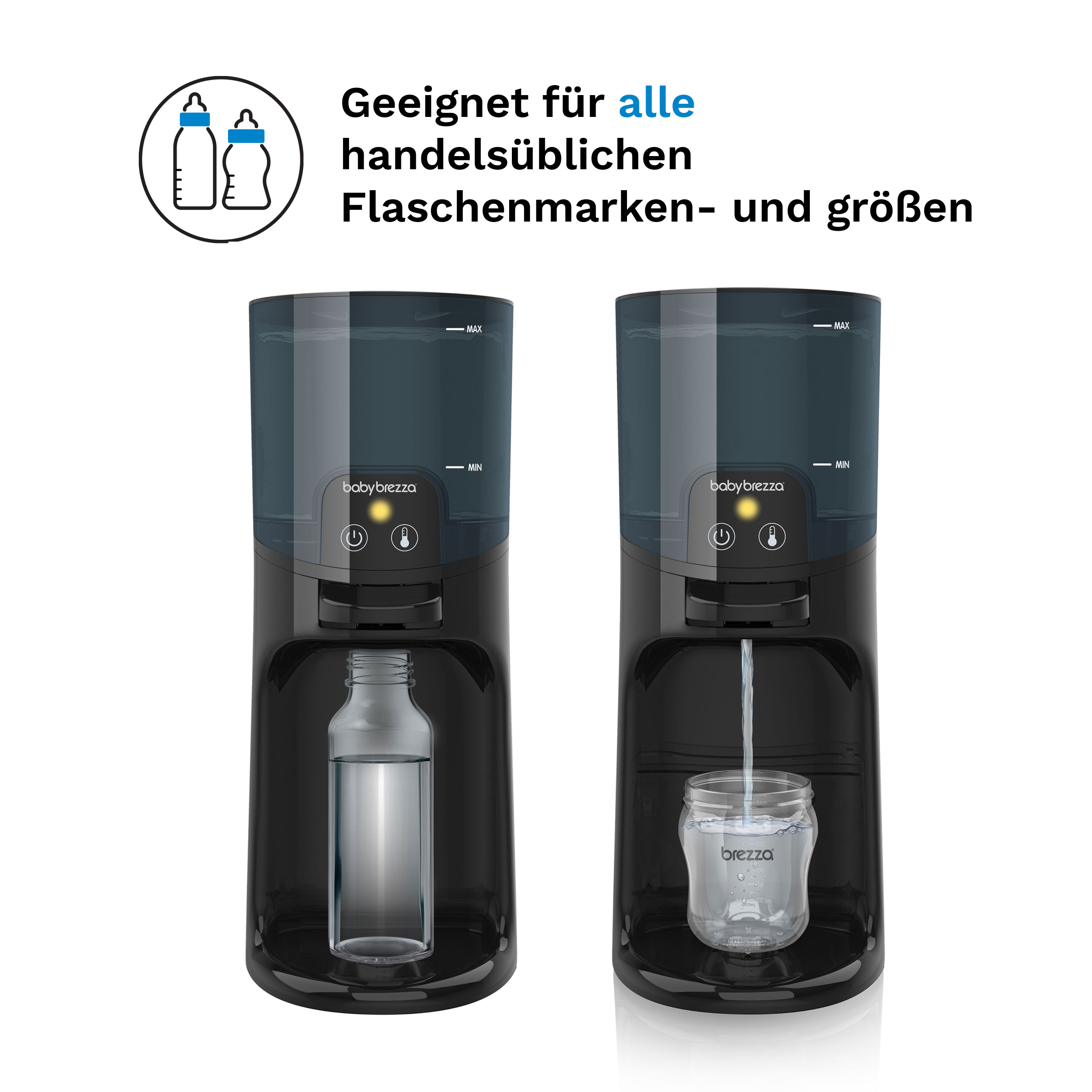 Zwei Babyflaschenwärmer, die eine Flasche und ein Glas zeigen.