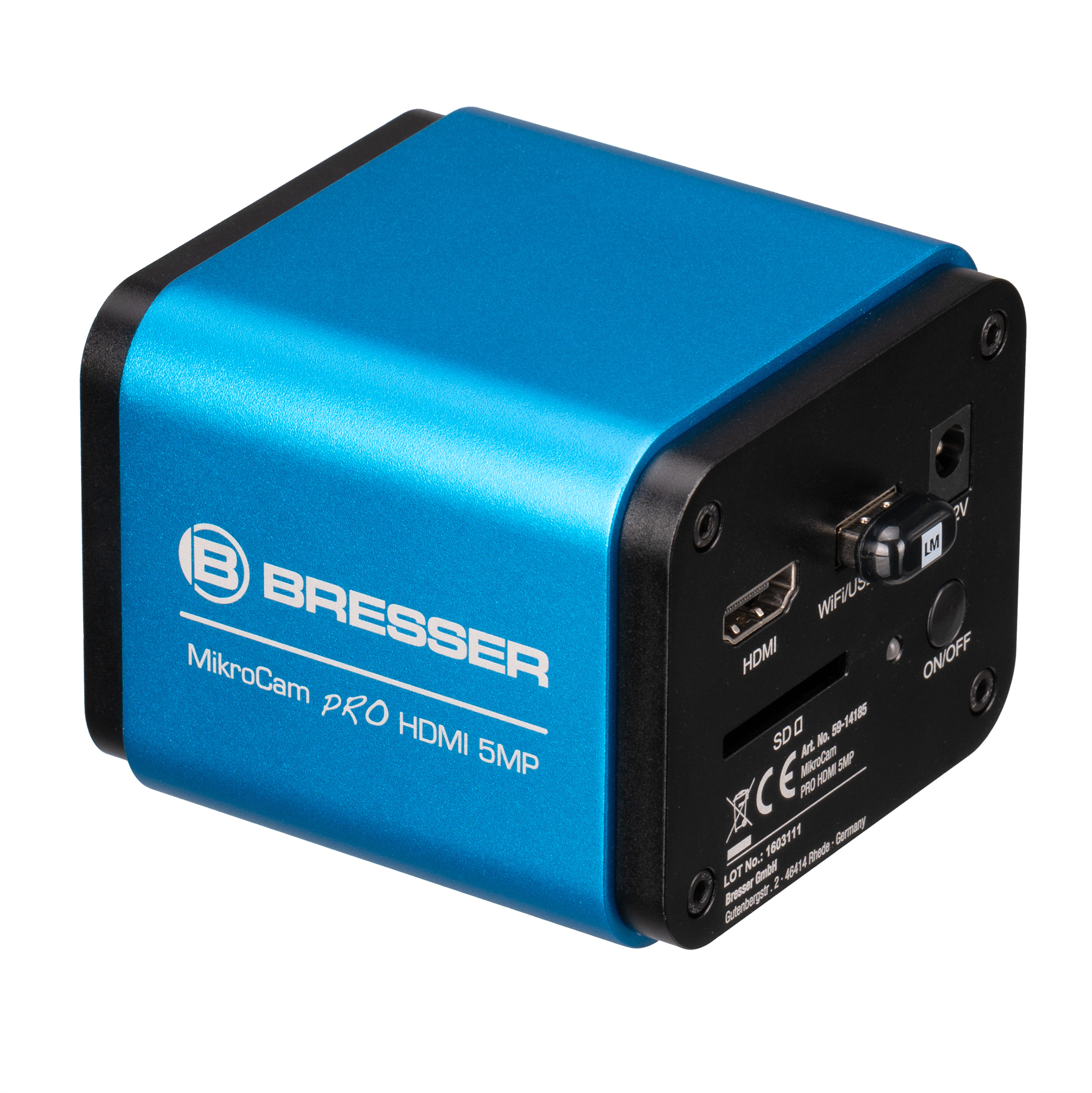 Una cámara azul Bresser MikroCam Pro HDMI 5MP. Tiene varios puertos y botones, incluyendo HDMI y tarjeta SD.