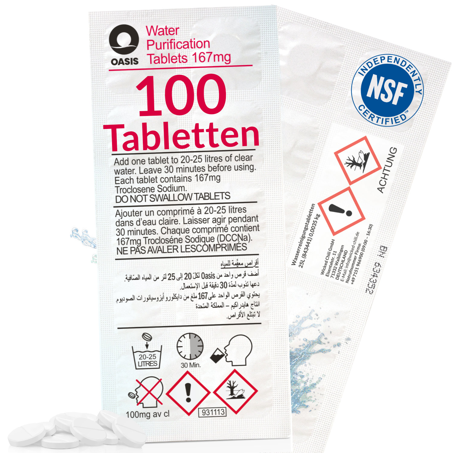 Eine Packung mit 100 Wasserreinigungstabletten. Die Verpackung ist weiß mit Text und Bildern, und weiße Tabletten sind sichtbar.
